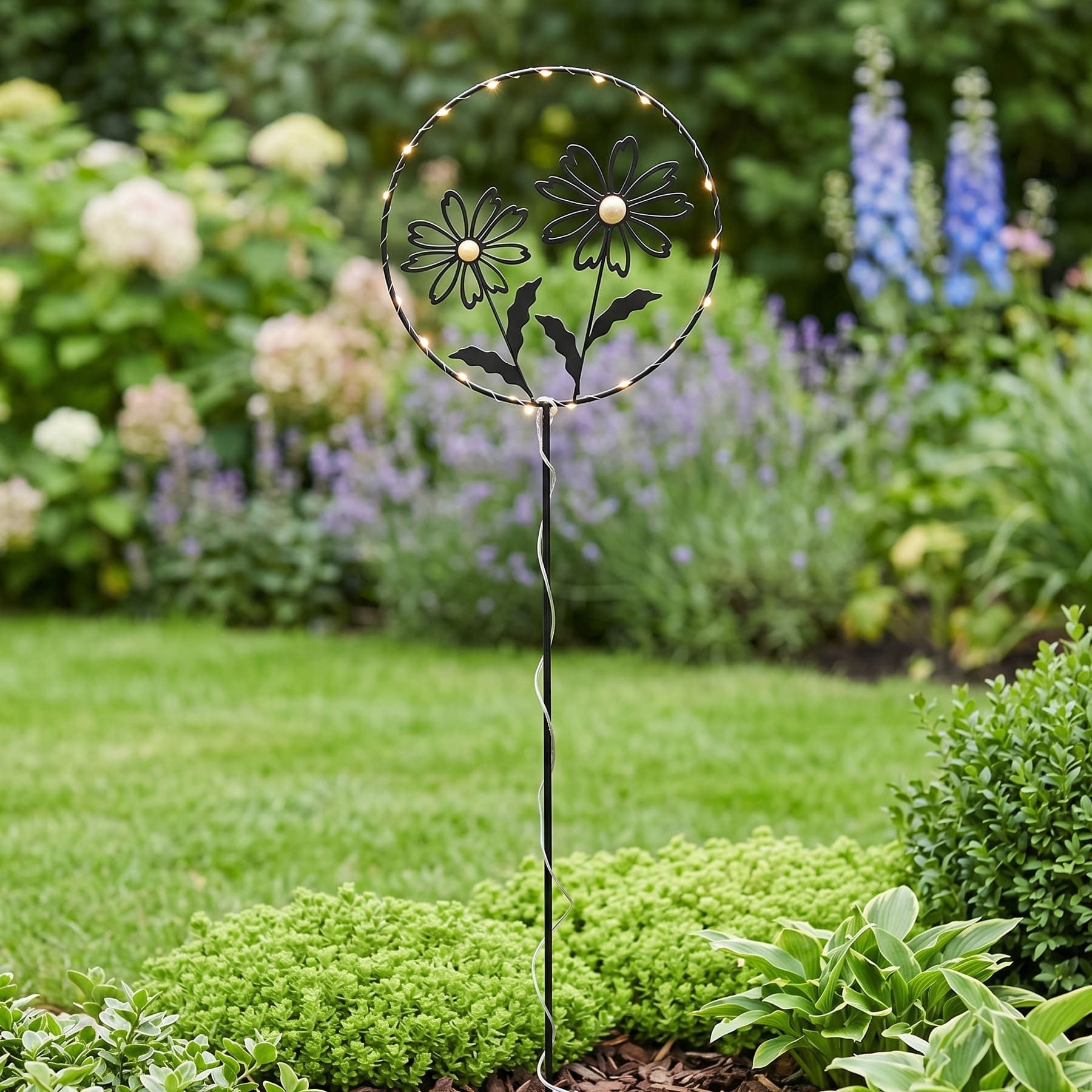 Frank Flechtwaren Gartenstecker "Blumen" Metall schwarz, Blumenstecker mit LED Beleuchtung, Gartendeko für Draußen, wetterfest, 100 cm hoch