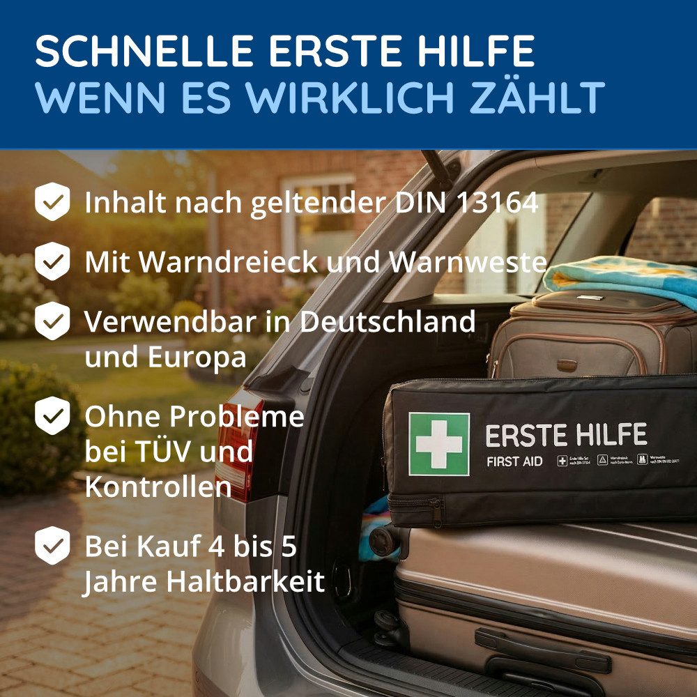 FLEXEO KFZ-Verbandkasten DIN 13164:2022, (1 St), Erste-Hilfe-Tasche inkl. Warndreieck und Warnweste
