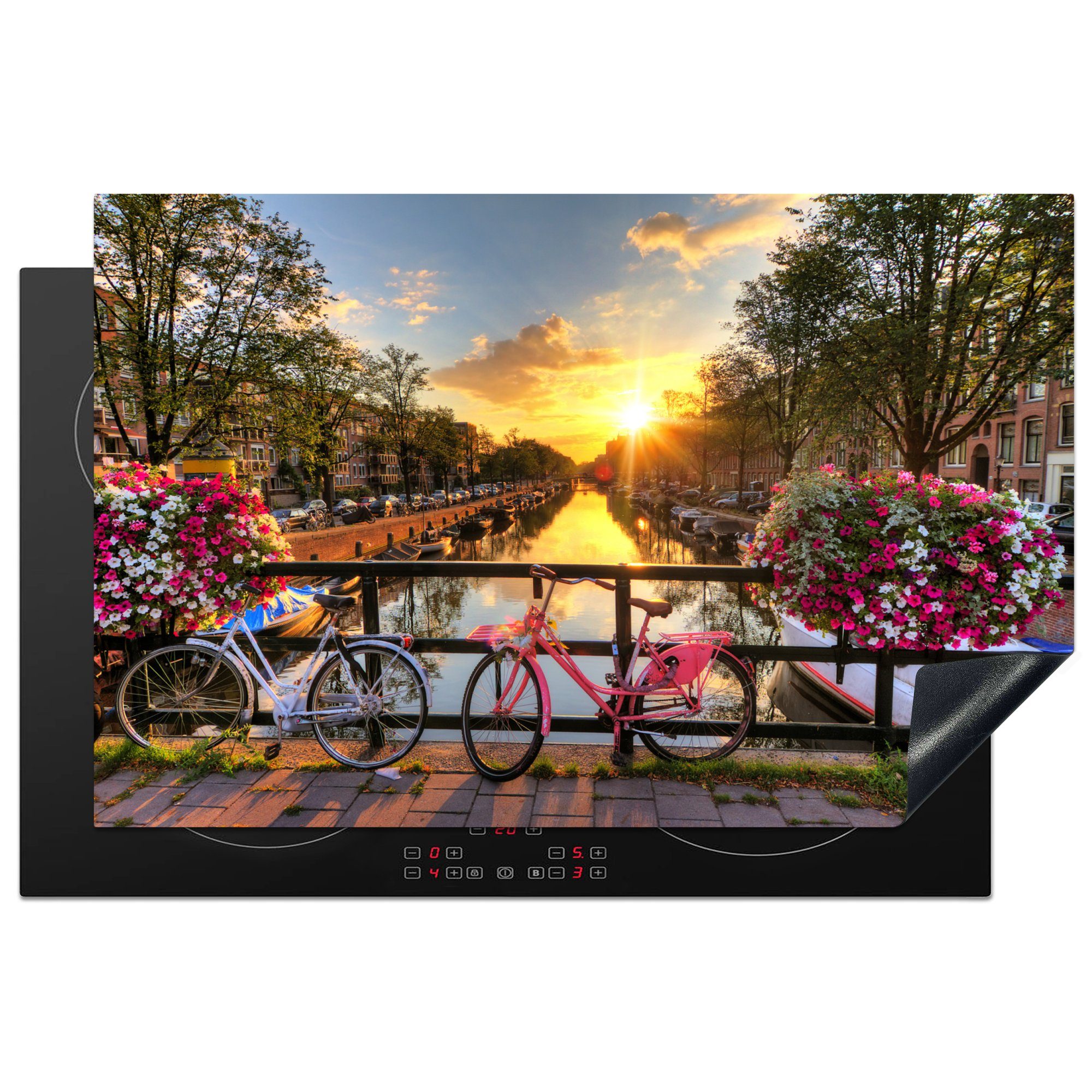 MuchoWow Herdblende-/Abdeckplatte Amsterdam - Blumen - Brücke - Fahrrad - Sonnenuntergang, Vinyl, (1 tlg), 81x52 cm, Induktionskochfeld Schutz für die küche, Ceranfeldabdeckung