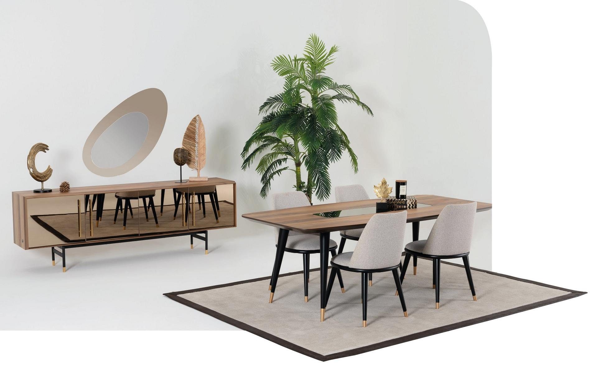 JVmoebel Esszimmer-Set Design Esszimmer Set Tisch 4x Stühle Anrichte Spiegel, (7-St., Esstisch + 4x Stühle + Anrichte + Spiegel), Made in Europe