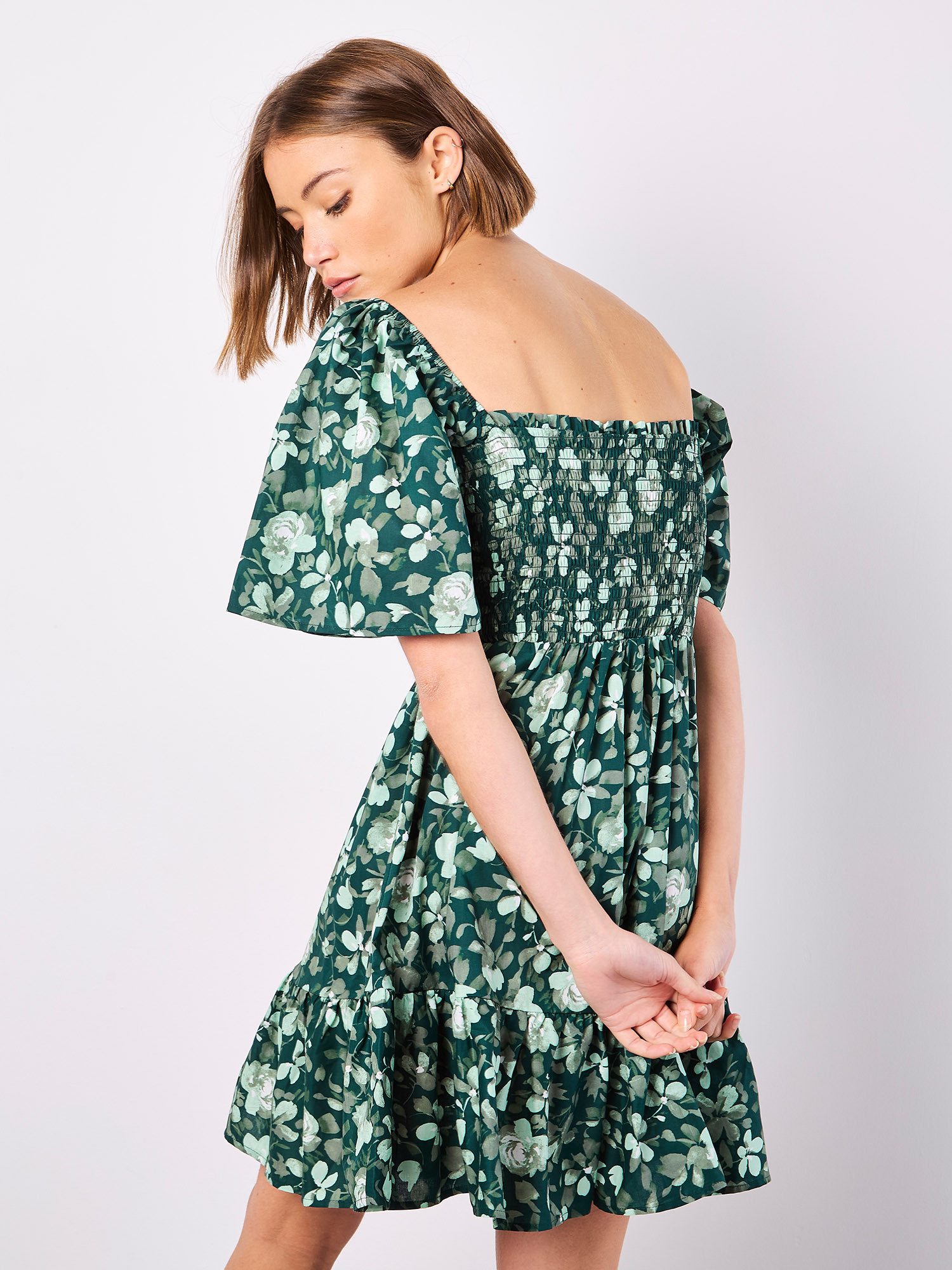 Apricot Minikleid Gesmoktes Minikleid aus Baumwollpopeline mit floralem Muster – Bild 4 von 5