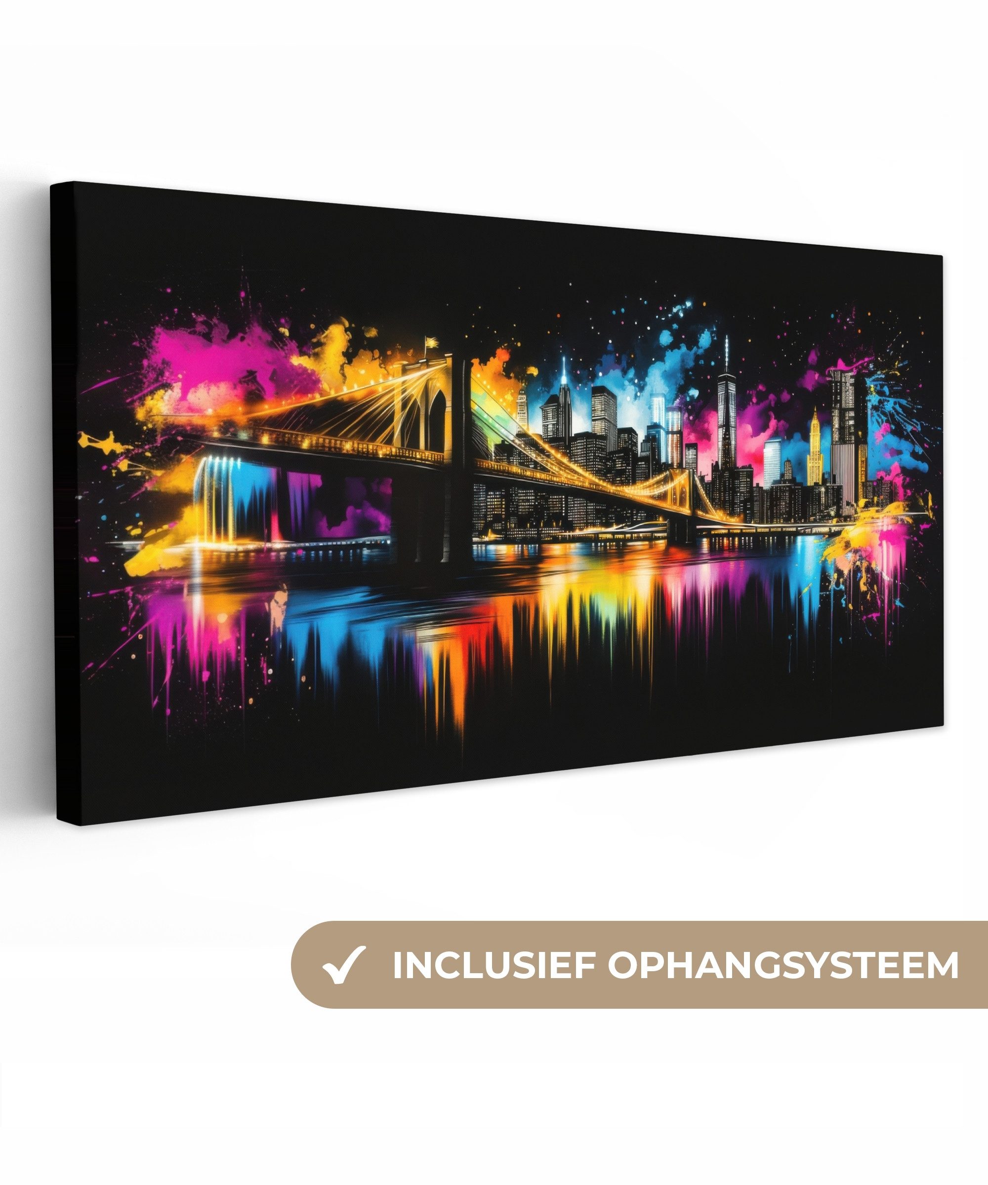 OneMillionCanvasses® Leinwandbild Panorama Skyline - Brücke - Beleuchtung - Farben, Fotodruck (1 St), Leinwand Bilder für Wohnzimmer Schlafzimmer 60x30 cm