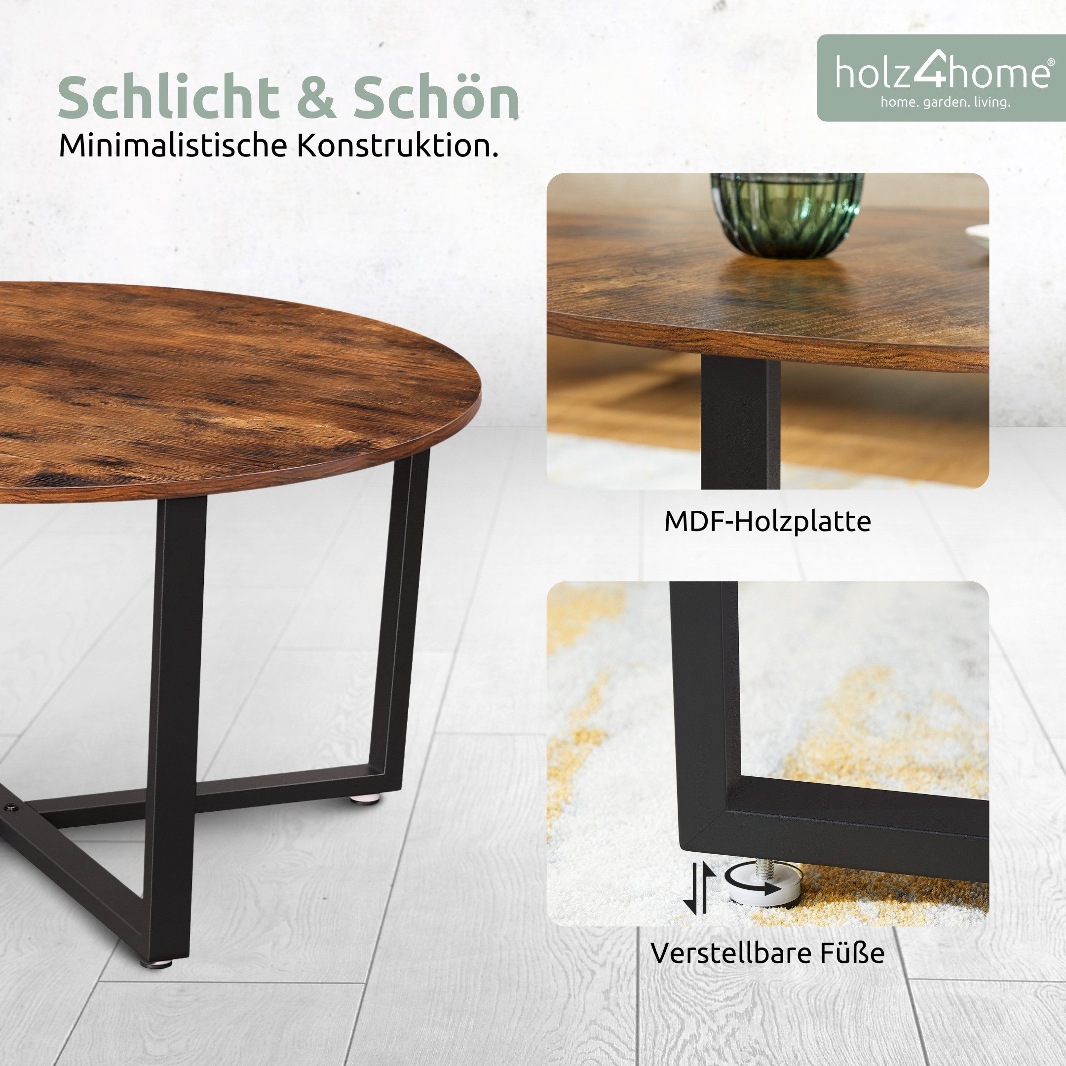 holz4home® Couchtisch Indie Wohnzimmertisch Rund mit Ablage 88x47 cm I Industrial-Look Braun, Einfache Montage