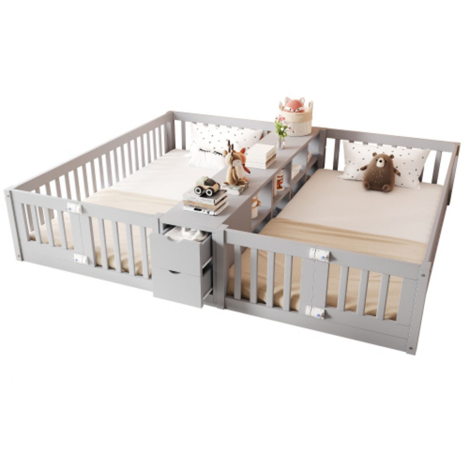 ibettertec Babybett Holzbett 90 x 200 cm, Mit Schublade und Doppelstöckigem Regal, Kinder-Doppelbettgestell mit Sicherheitsgitter, Hohe Gitter
