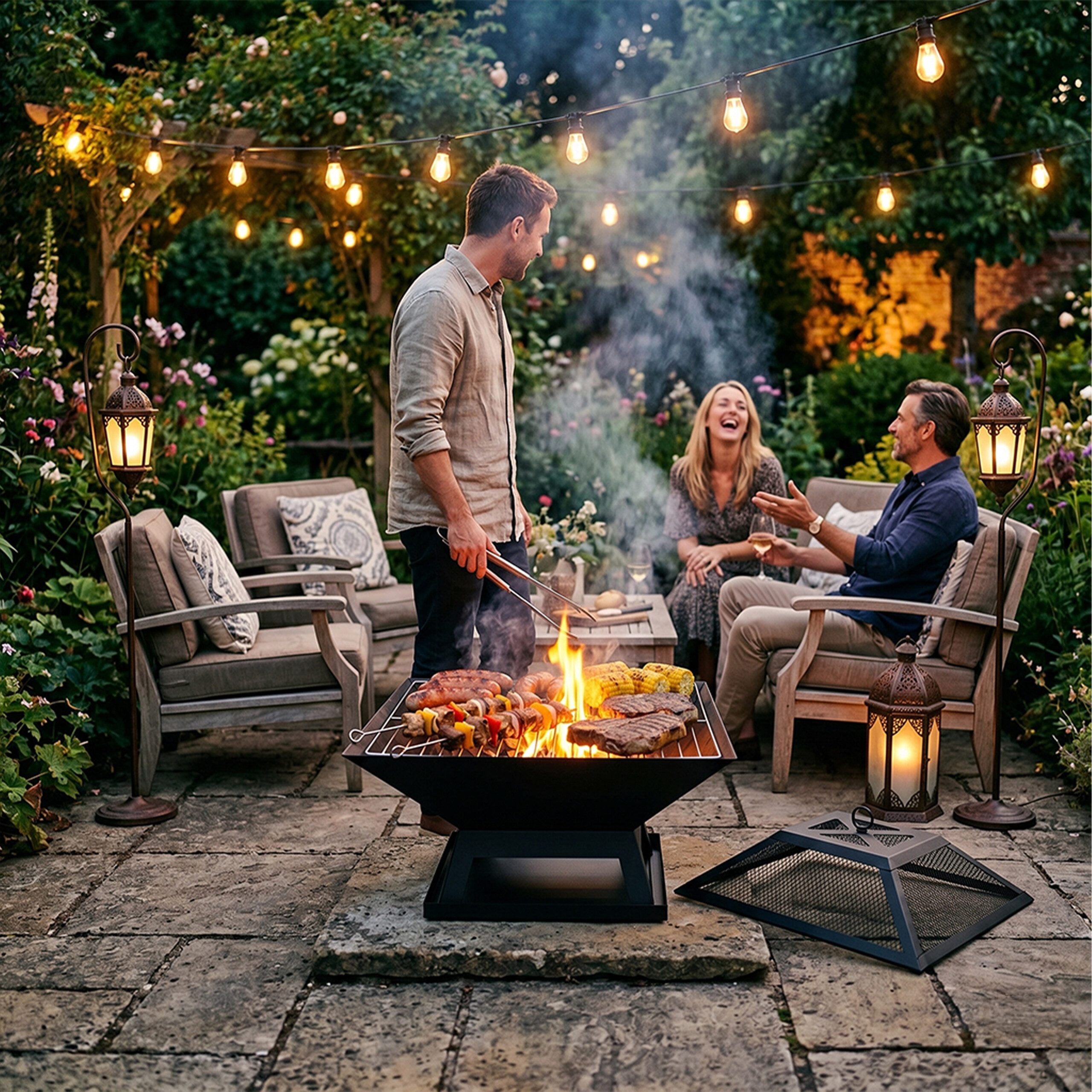 relaxdays Feuerschale mit Funkenschutz & Grillrost