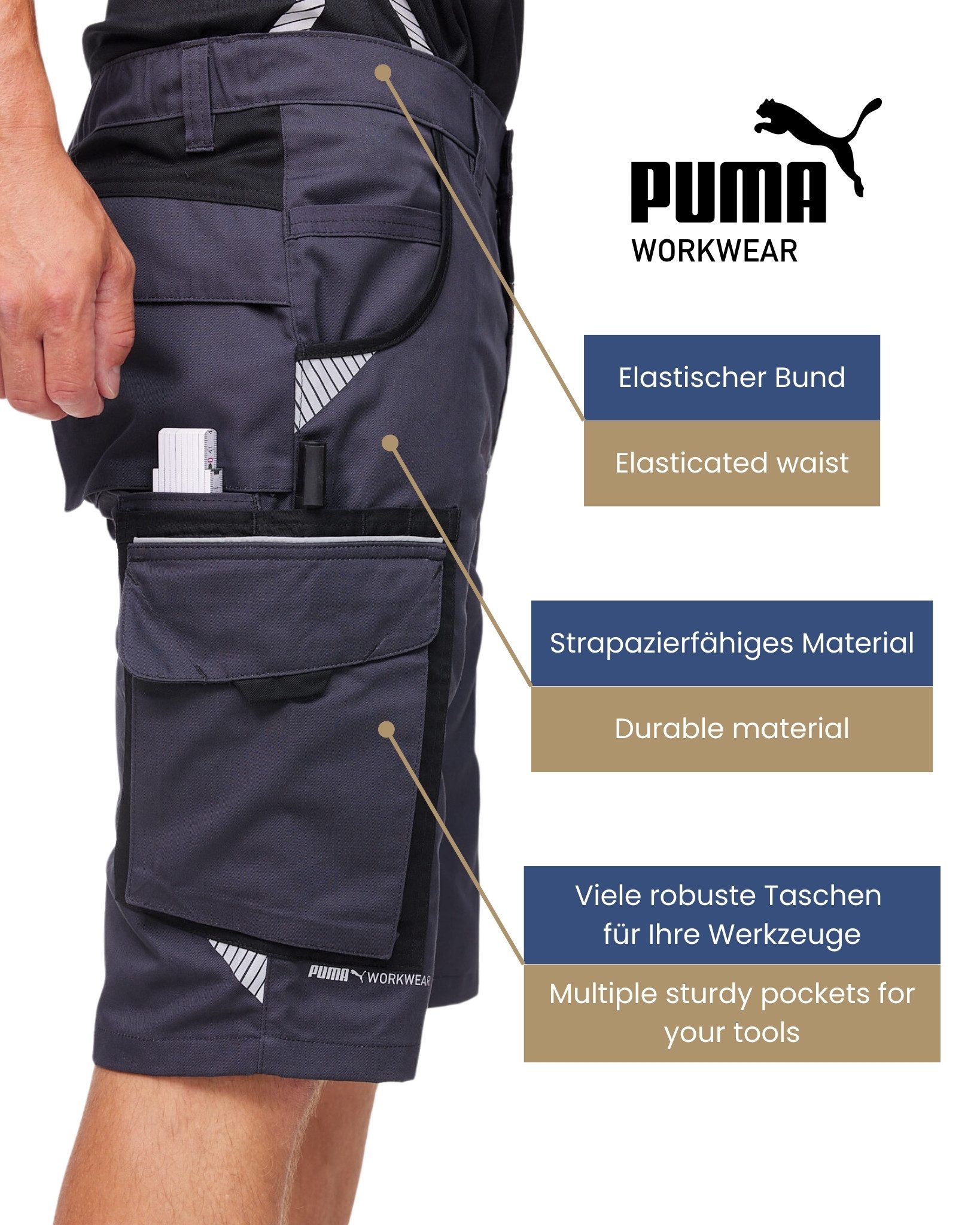PUMA Workwear Arbeitsshorts PRECISION X - kurze Arbeitshose Herren - Bequeme Passform Robustes und flexibles Material mit Reflektoren - Praktische Taschen