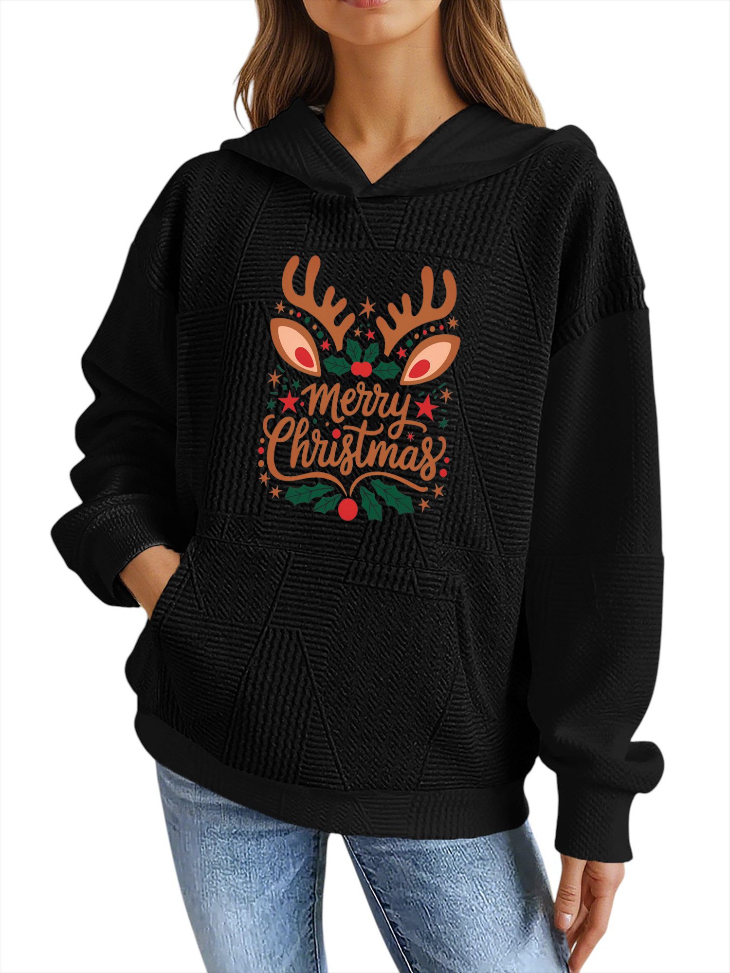 PYLIKE Hoodie Hoodie für Damen mit Farbblock-Weihnachten Druck & Großtaschen Strukturierte Stoffe,Festlich Streetstyle für den Winter