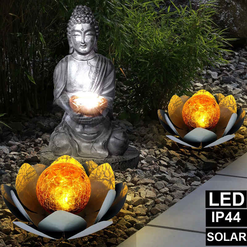 etc-shop Gartenleuchte, 3er Set LED Solar Steh Leuchten Feng Shui Buddha Garten Deko Lampen Lotosblumen Crackle Glas