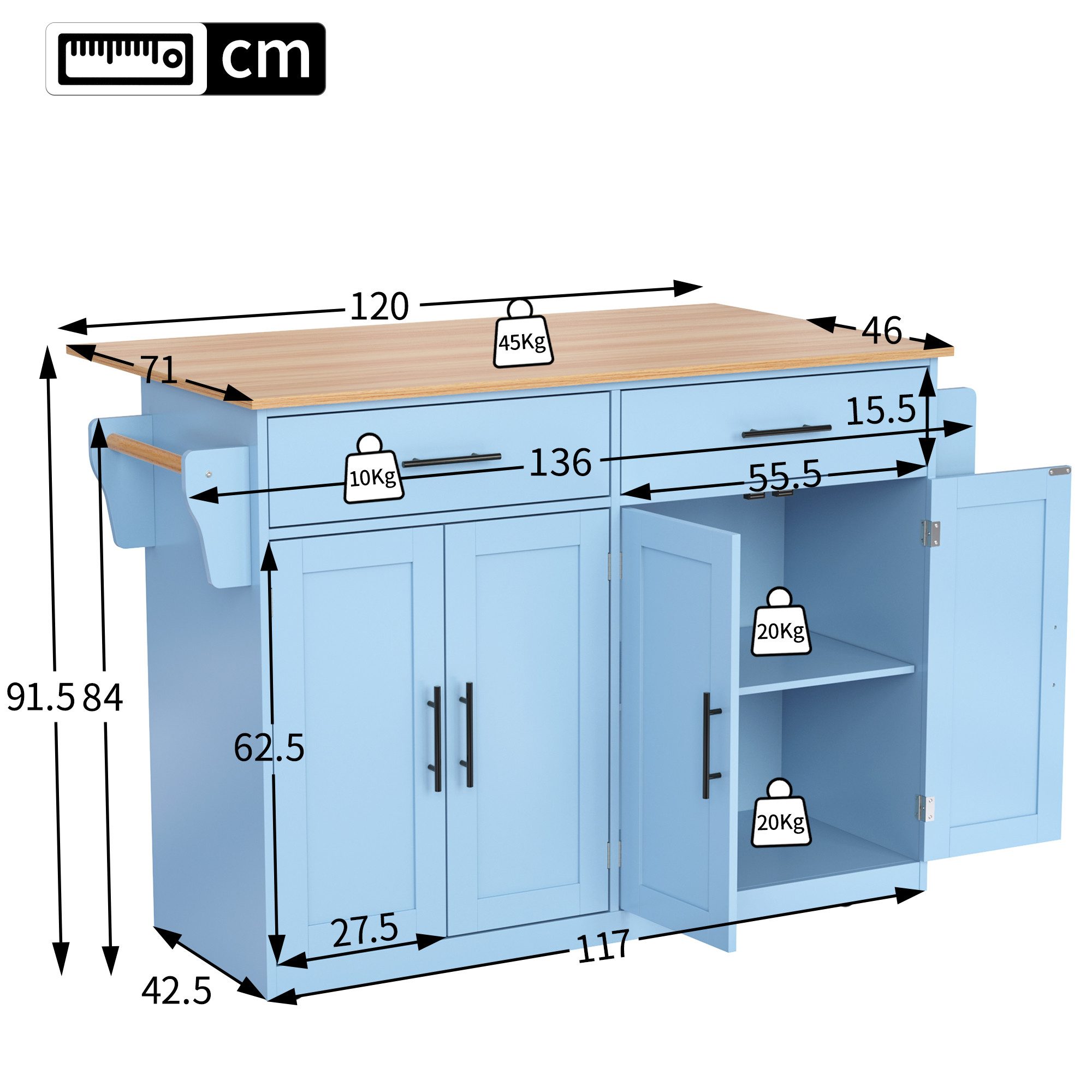 Ulife Servierwagen mit klappbarer Tischplatte, 120x46(71)x91,5 günstig online kaufen