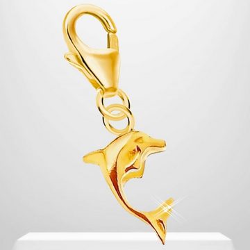 Goldene Hufeisen Charm-Einhänger Delphin Karabiner Charm Anhänger Bettelarmband 925 Silber Vergoldet (inkl. Etui), für Gliederarmband oder Halskette
