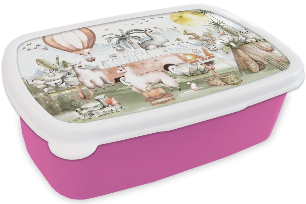 Kinder Alpaka MuchoWow Tiere Brotbox Kunststoff Snackbox, Kunststoff, - Kinder, Lunchbox Kinder, für Brotdose - - rosa - Mädchen, Heißluftballon Erwachsene, (2-tlg),