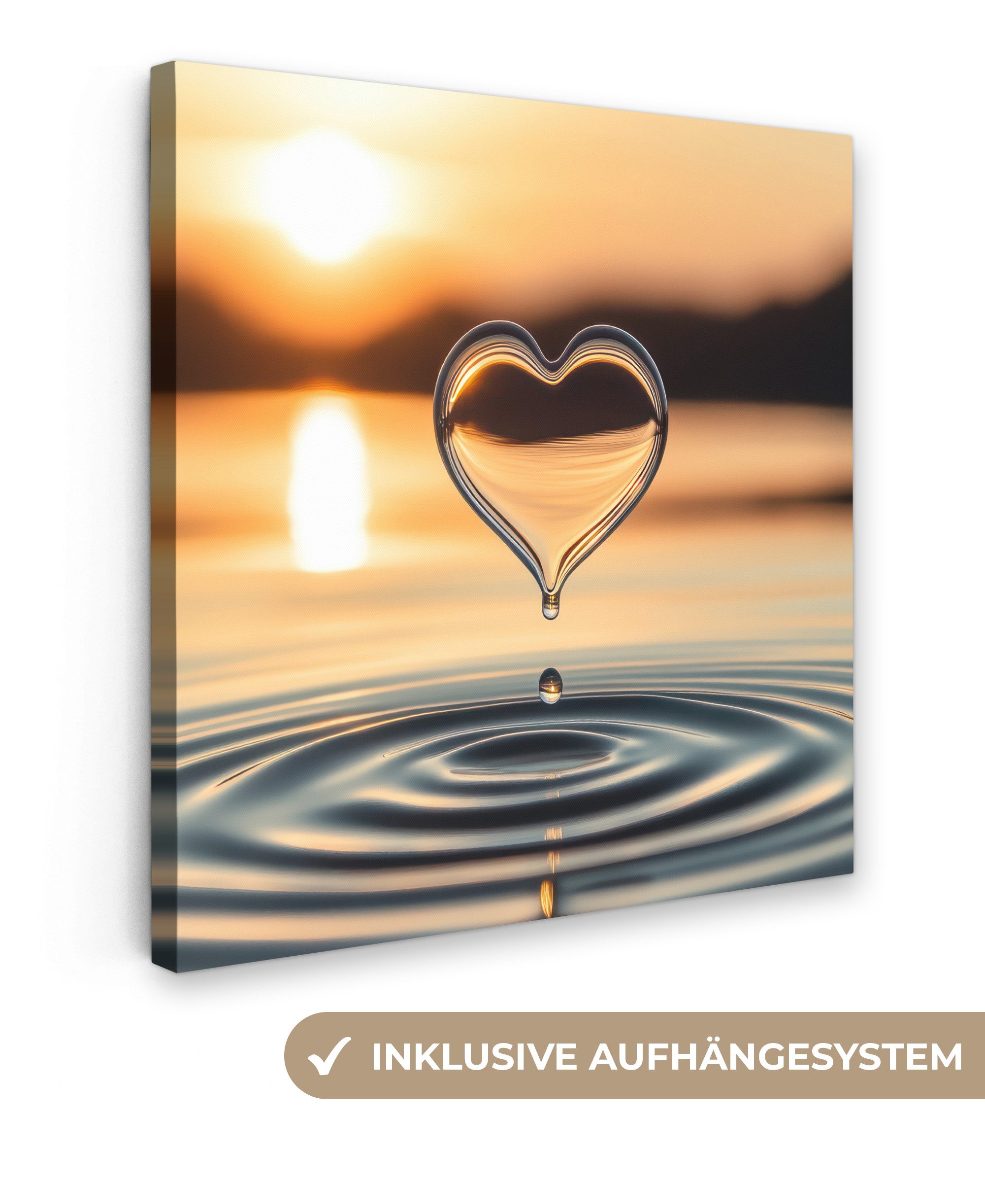 OneMillionCanvasses® Leinwandbild Herz - Wasser - Sonnenuntergang - Natur - Zen, Fotodruck (1 St), Wandbild, Deko Schlafzimmer Wohnzimmer Flur 20x20 cm