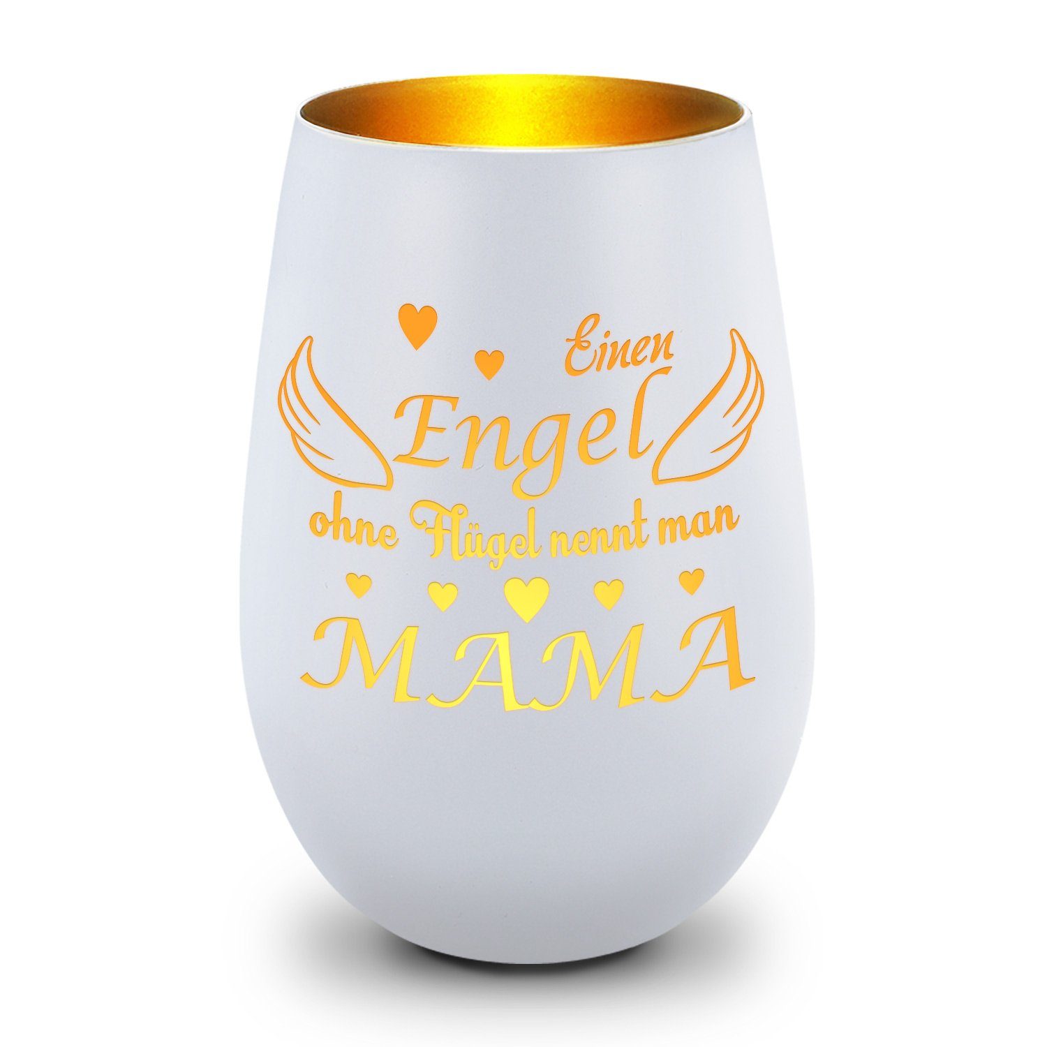 GRAVURZEILE Windlicht aus Glas mit Gravur - Einen Engel ohne Flügel nennt man Mama - Deko (Weiß/Gold), Geschenke für Frauen und Männer zum Geburtstag und weitere Anlässe