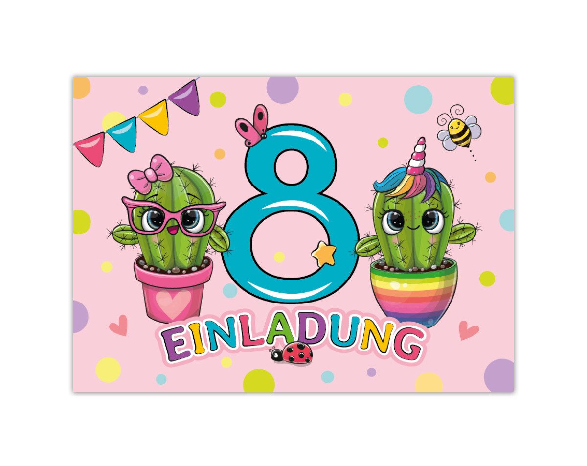JUNAPACK Einladungskarten Kaktus Einladungen zum 8. Kindergeburtstag Blumen Karten Mädchen, Einladungskarten mit einem Kaktus Motiv für Kinder