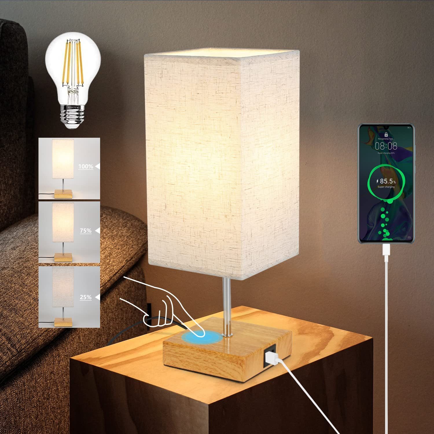Nettlife Nachttischlampe Touch Dimmbar Stoffschirm E27 günstig online kaufen