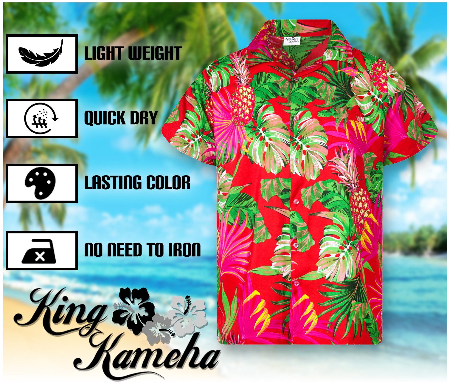King Kameha Hawaiihemd Pineapple Leaves Funky Hawaii-Hemd Kurzarm Front-Tasche Unisex