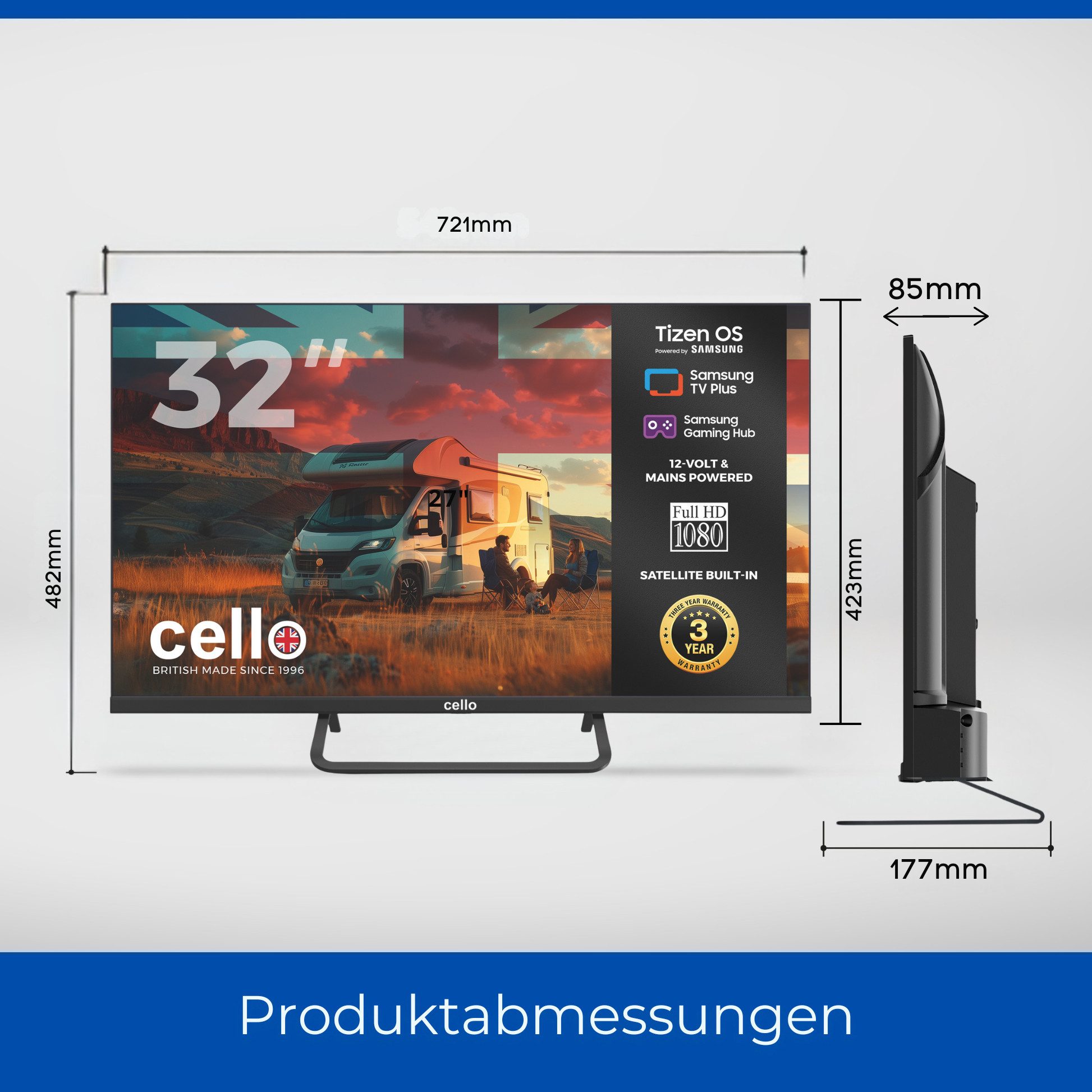 Cello CTrav-32TZF LED-Fernseher (81 cm/32 Zoll, Full HD, Smart TV, LAN (RJ45), WLAN, Triple Tuner (DVB‑S2/T2/C), Smart Tizen OS powered by Samsung)
