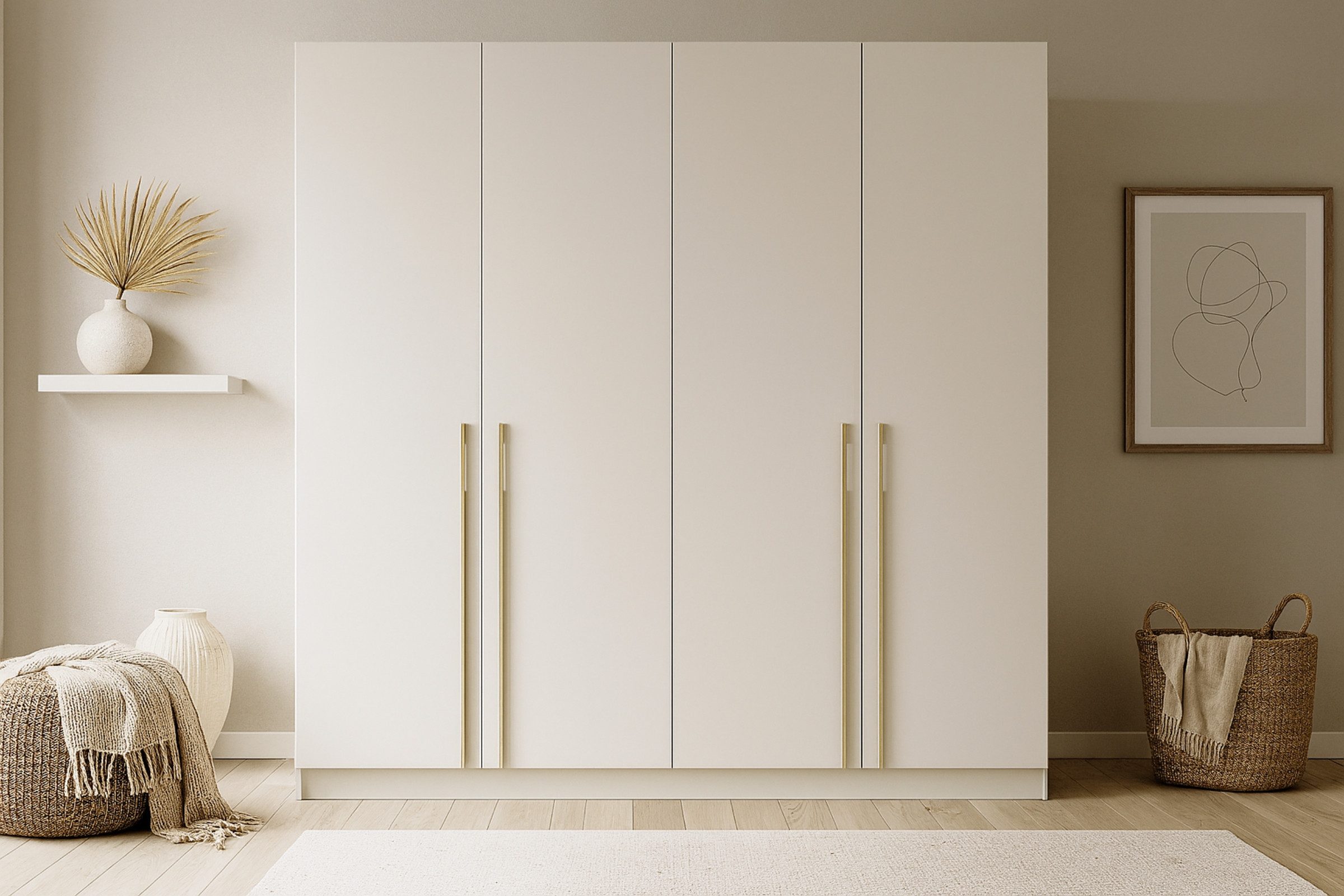 Deine Möbel 24 Kleiderschrank MIRELO 4-türig 200x210x57 cm – mit goldfarbenen Griffen viel Stauraum (Drehtürenschrank, 1-St., Einzelmöbel – frei kombinierbar mit weiteren Möbeln der Serie MIRELO) in Weiß Matt / Schwarz Matt / Cashmere