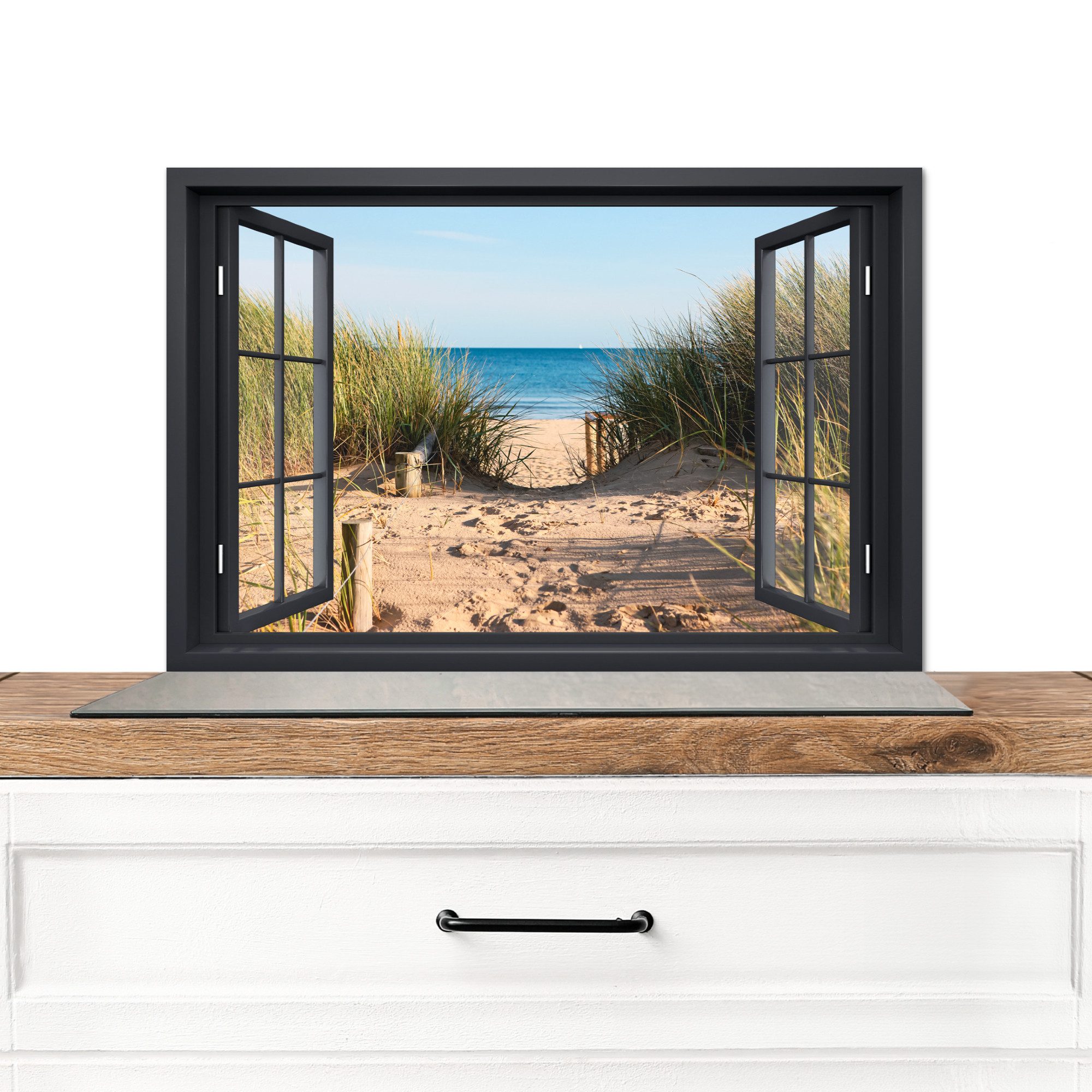 KitchenYeah Küchenrückwand Durchblick - Strand - Meer - Sand - Wasser - Strandhafer - Dünen, (1-tlg), Spritzschutz Küche, Küchendeko, 60x40 cm