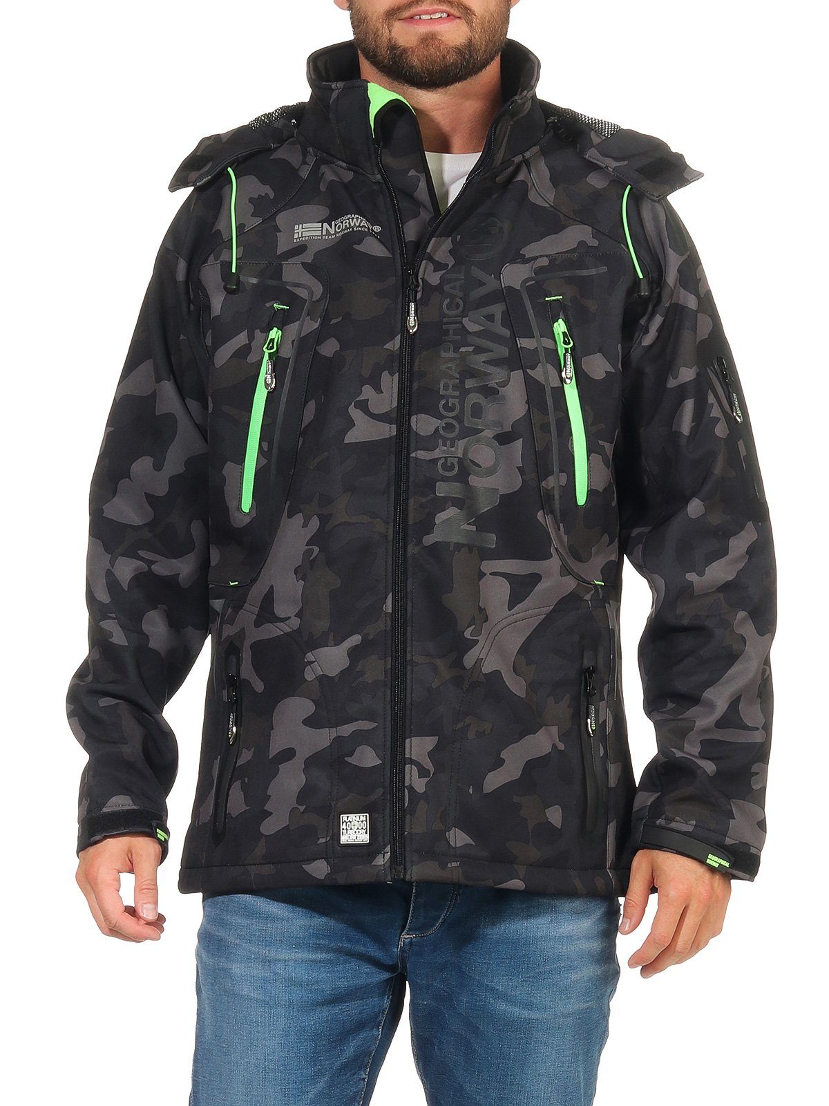 Geographical Norway Softshelljacke Herren Softshell Wander Sport Übergangsjacke Trekking Jacke in Unifarbe, mit abnehmbarer Kapuze, mit Stehkragen