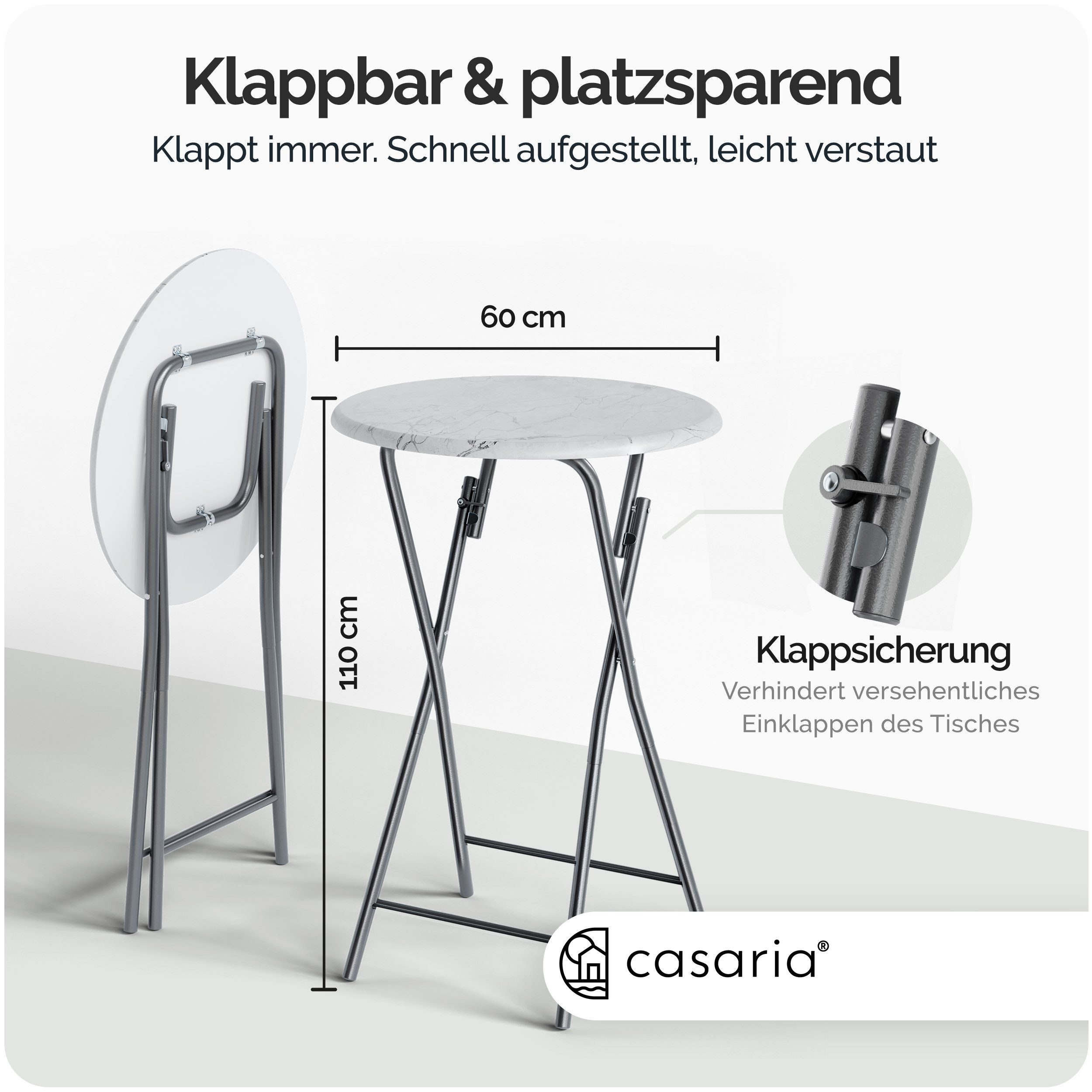 Casaria Stehtisch (1-St), Klappbar 110cm Hoch Rund Ø60cm Garten Camping Bistrotisch Partytisch