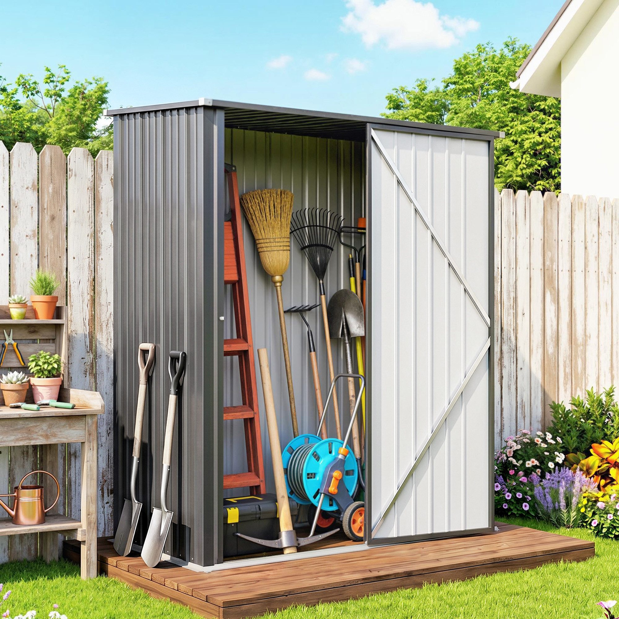 Outsunny Gerätehaus abschließbar Metall Geräteschuppen mit Pultdach verzinkter Stahl, BxT: 161.5x94.5 cm, (Gerätehaus, 1 St., Geräteschuppen), für Garten, Schwarz