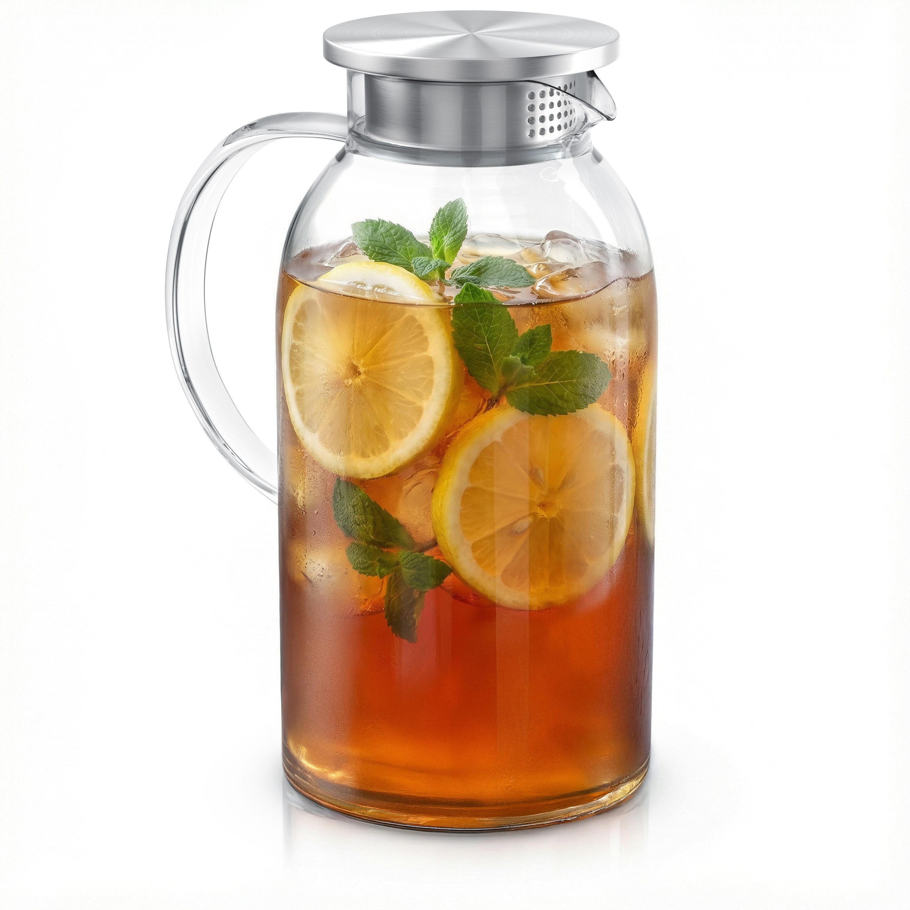 Arendo Karaffe Glaskaraffe 1,8 Liter mit Deckel aus lebensmittelechtem Edelstahl, (Packung, 1-tlg., 1x Glaskaraffe mit Edelstahldeckel), Borosilikatglas, 1800 ml, Sieb, hitze- und kältebeständig, BPA-frei