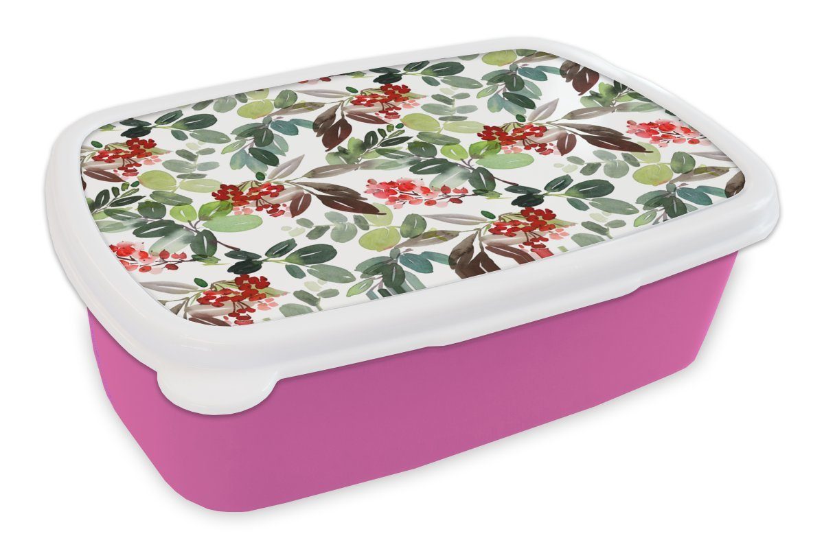 MuchoWow Lunchbox Beeren - Weihnachten - Aquarell, Kunststoff, (2-tlg), Brotbox für Erwachsene, Brotdose Kinder, Snackbox, Mädchen, Kunststoff rosa