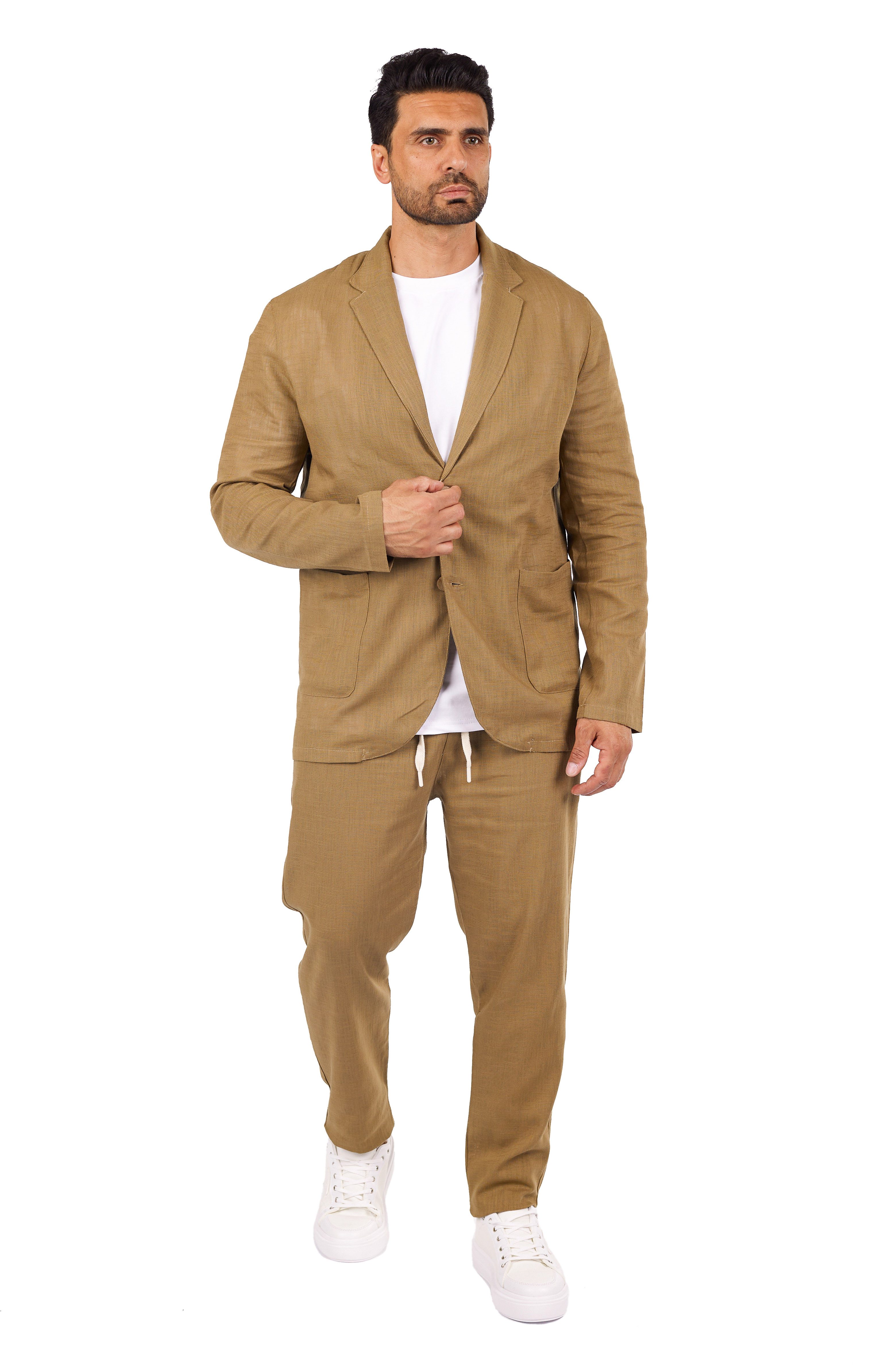 Denim Distriqt Anzug Leichter Sommer Anzug 2 Teiler Sakko mit Hose in Loose Fit Braun S (2-tlg., Set besteht aus Sakko und passender Hose)