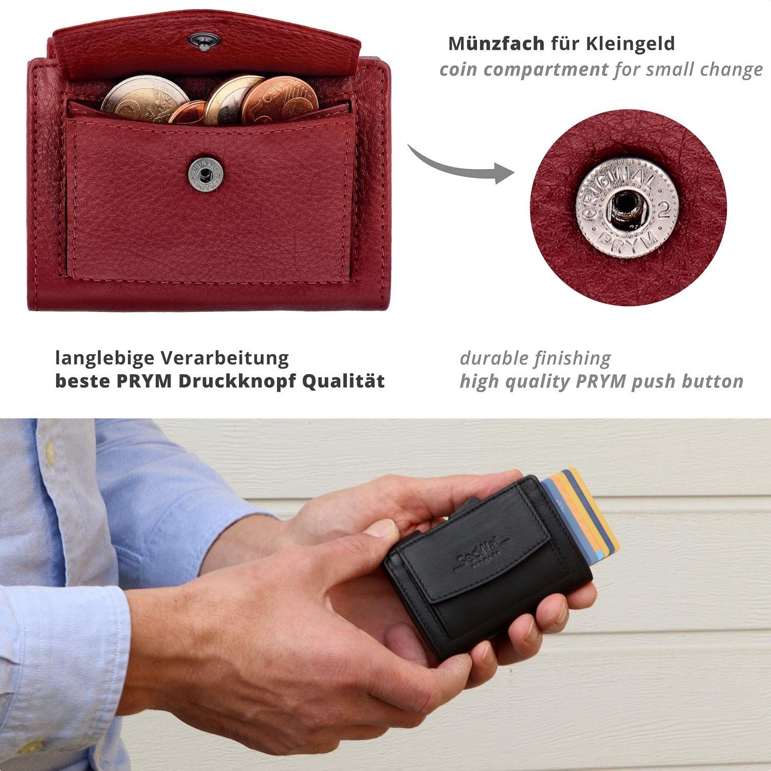 SecWal Geldbörse, für Damen Druckknopf, Schutz, RFID klein, Geldbeutel Münzfach Kartenetui mit und Slim Wallet, Herren Rot