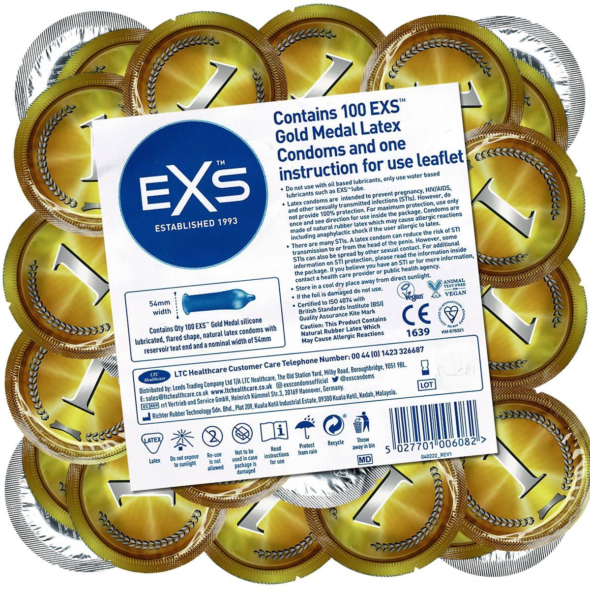 EXS Kondome Gold Medal - Sieger-Kondome Packung mit, 100 St., Kondome mit Goldmedaillen-Design, Rundfolien-Kondome mit Motiv, Vorratspackung, Geschenk-Idee