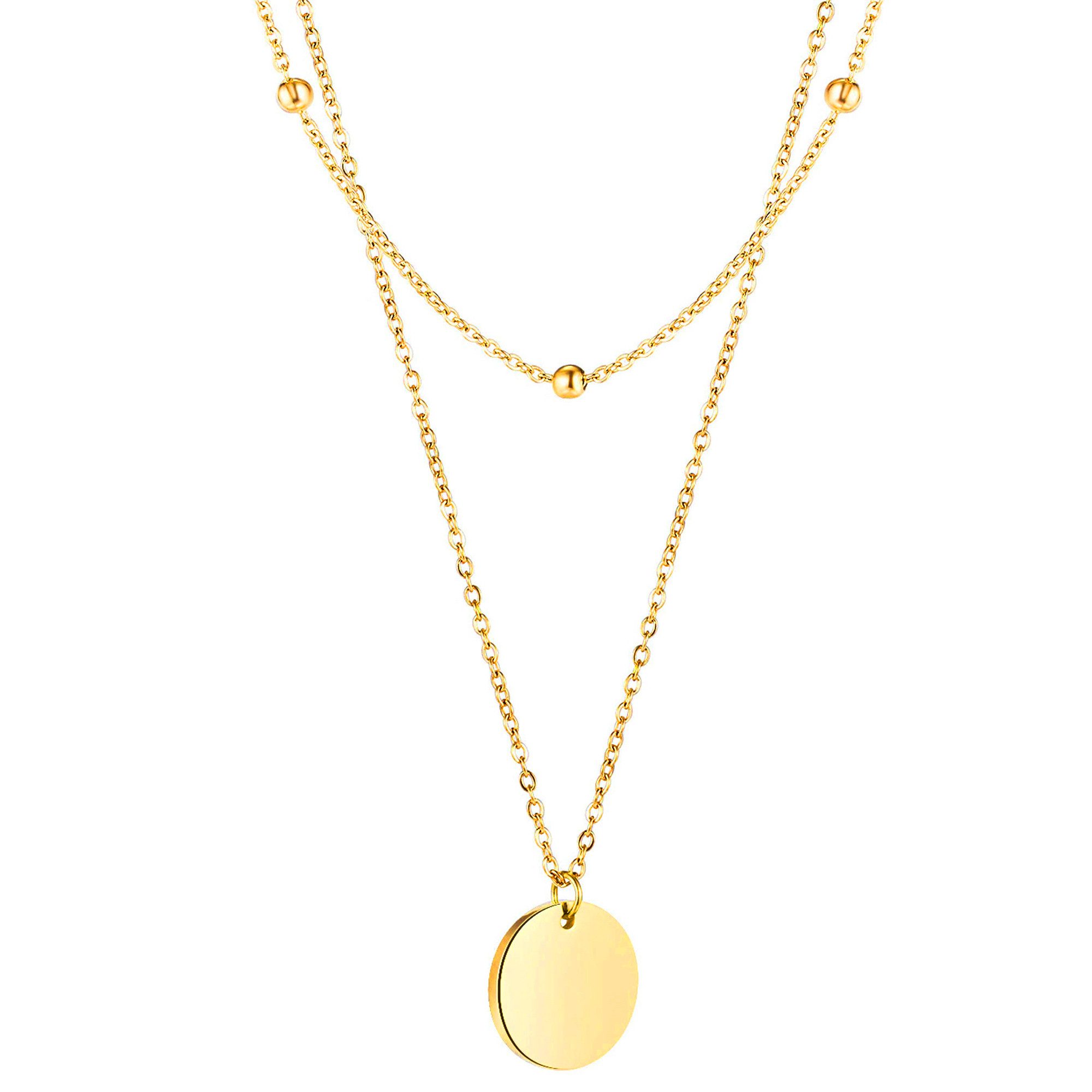 LÖB Kette mit Anhänger 750 Gold vergoldet Edelstahl Halskette Kreis Anhänger Mehrreihig (Geschenke für Frauen Damen Beste Freundin Mutter Mama Ehefrau Oma sie zum Geburtstag Schmuck Sommer), Kette Platte Kugeln Modern Minimalistisch Geometrisch Plättchen