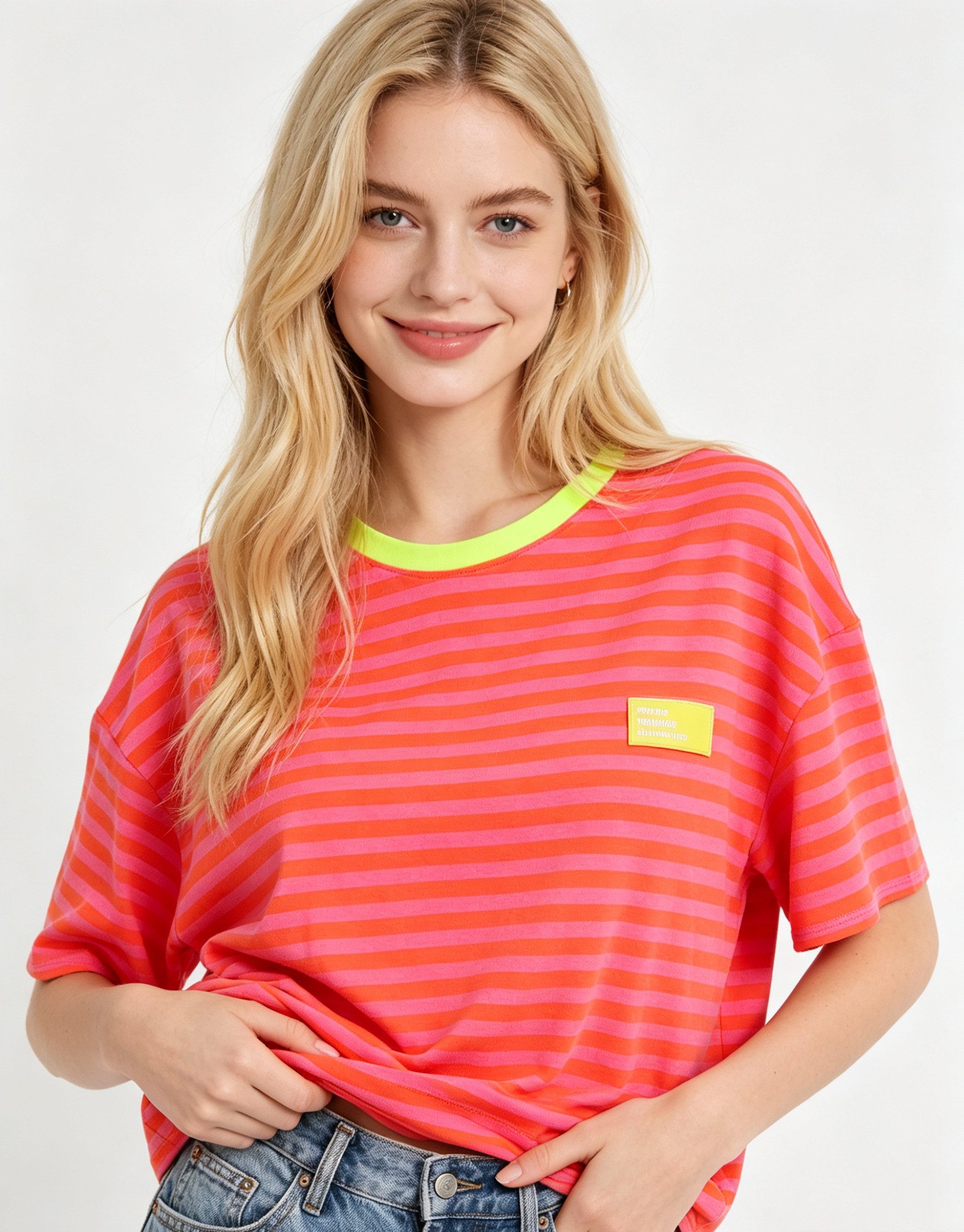 MIRROSI Sweatshirt Damen Kurzarm T Shirt Oversize Neonfarben Streifenmuster Ringelshirt, One Size Passform (ca. Gr. 34–40); Made in Italy