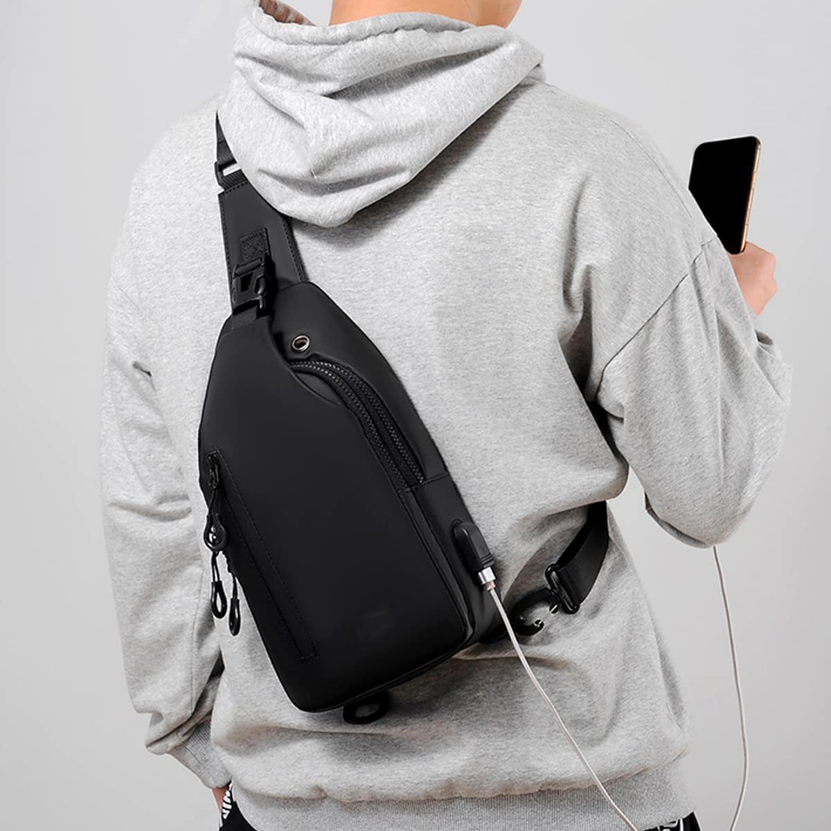 GelldG Umhängetasche Anti-Diebstahl Sling Bag Tasche wasserdicht Schwarz mit USB-Ladeanschluss