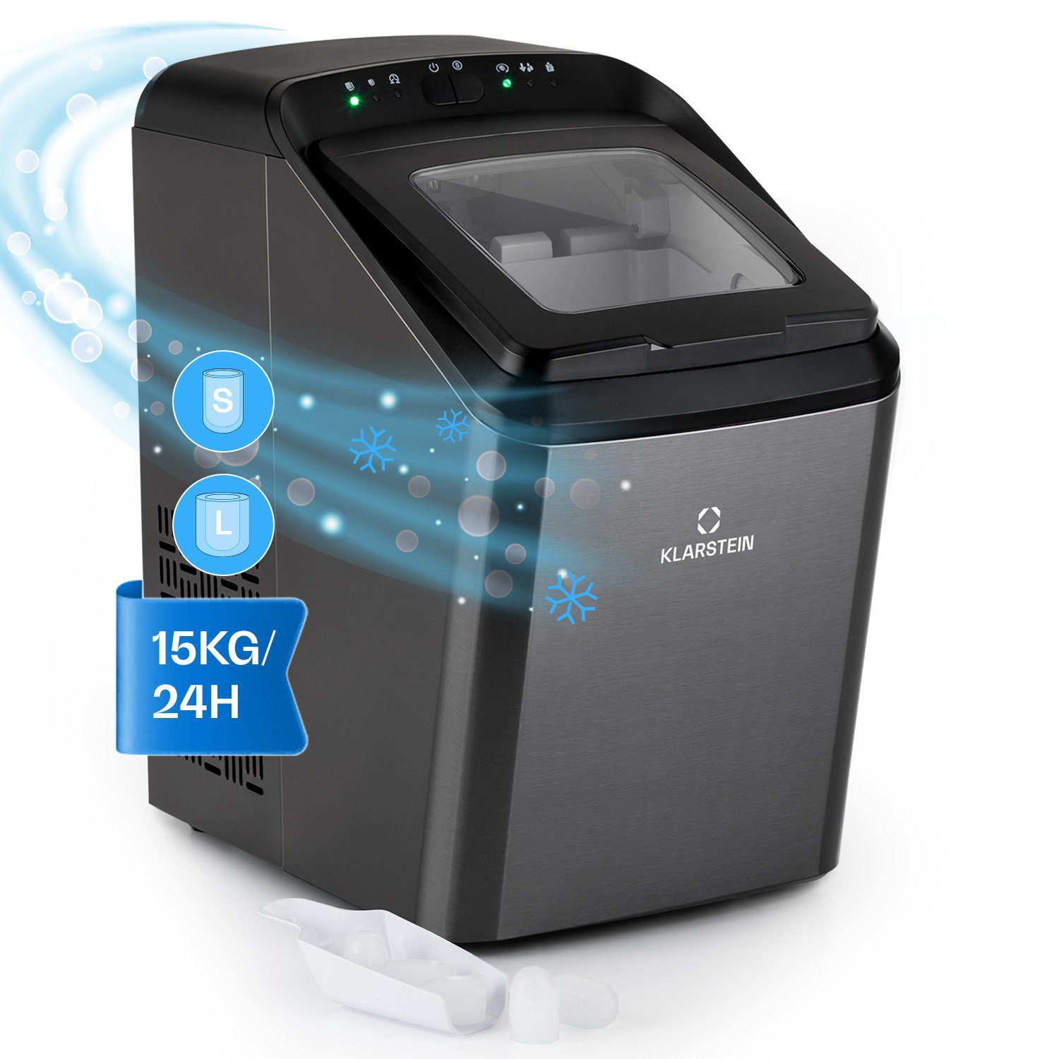 Klarstein Eiswürfelmaschine Partytime Eiswürfelmaschine Klareis 15 kg/24h Edelstahl 2 Würfelgrößen, Eiswürfelbereiter Ice Cube Maker Klareis mit 2 Größen