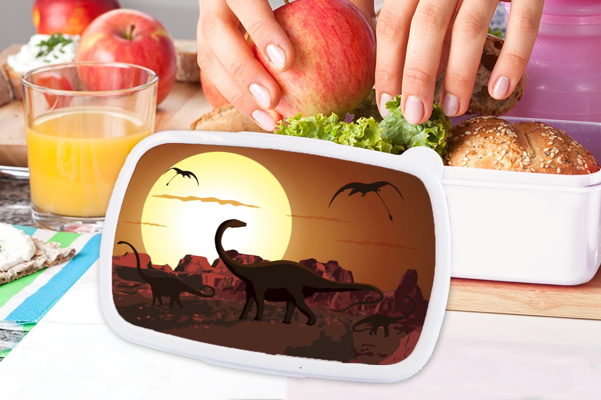 MuchoWow Lunchbox Dino - und Mädchen Jurassic für - weiß Jungs Brotbox Zeichnung - für - Kinder Kinder, (2-tlg), Kunststoff, - Jungen Brotdose, Sonne und Erwachsene