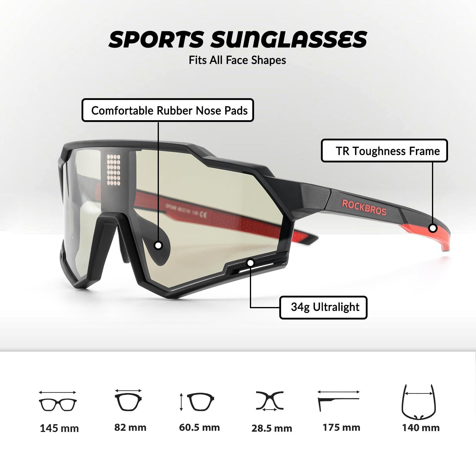 ROCKBROS Fahrradbrille Sportbrille Herren Damen Fahrrad MTB Rennrad Outdoor TR90 Rahmen, selbsttönend, polarisiert, UV400 Schutz, ultraleicht, winddicht