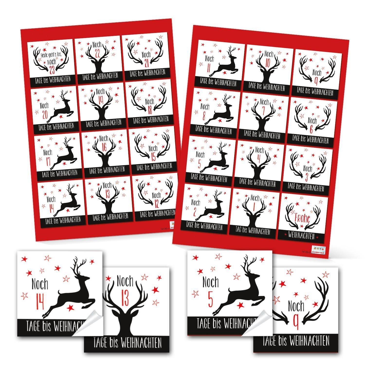 Aufkleber 24 Zahlenaufkleber DIY Adventskalender 6 cm schwarz weiß Hirschen