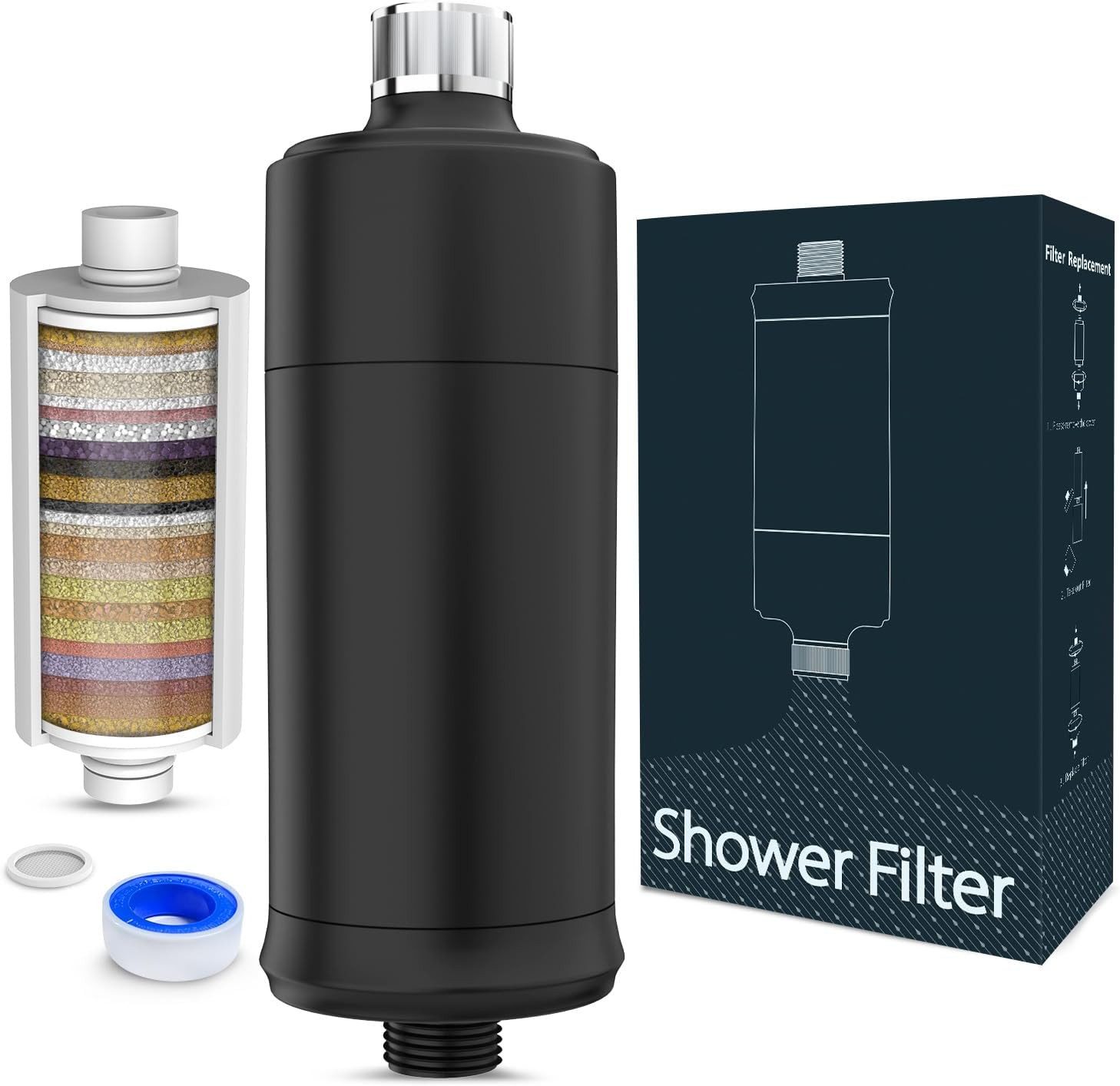 MEKO Kalk- und Wasserfilter 32-Stufen Duschfilter für hartes Wasser Reduziert Chlor Verunreinigung, Zubehör für Handbrausen, feste Duschköpfe, Wasserhähne, Verunreinigungen, Schwermetalle, Filterkapazität 20,000 L