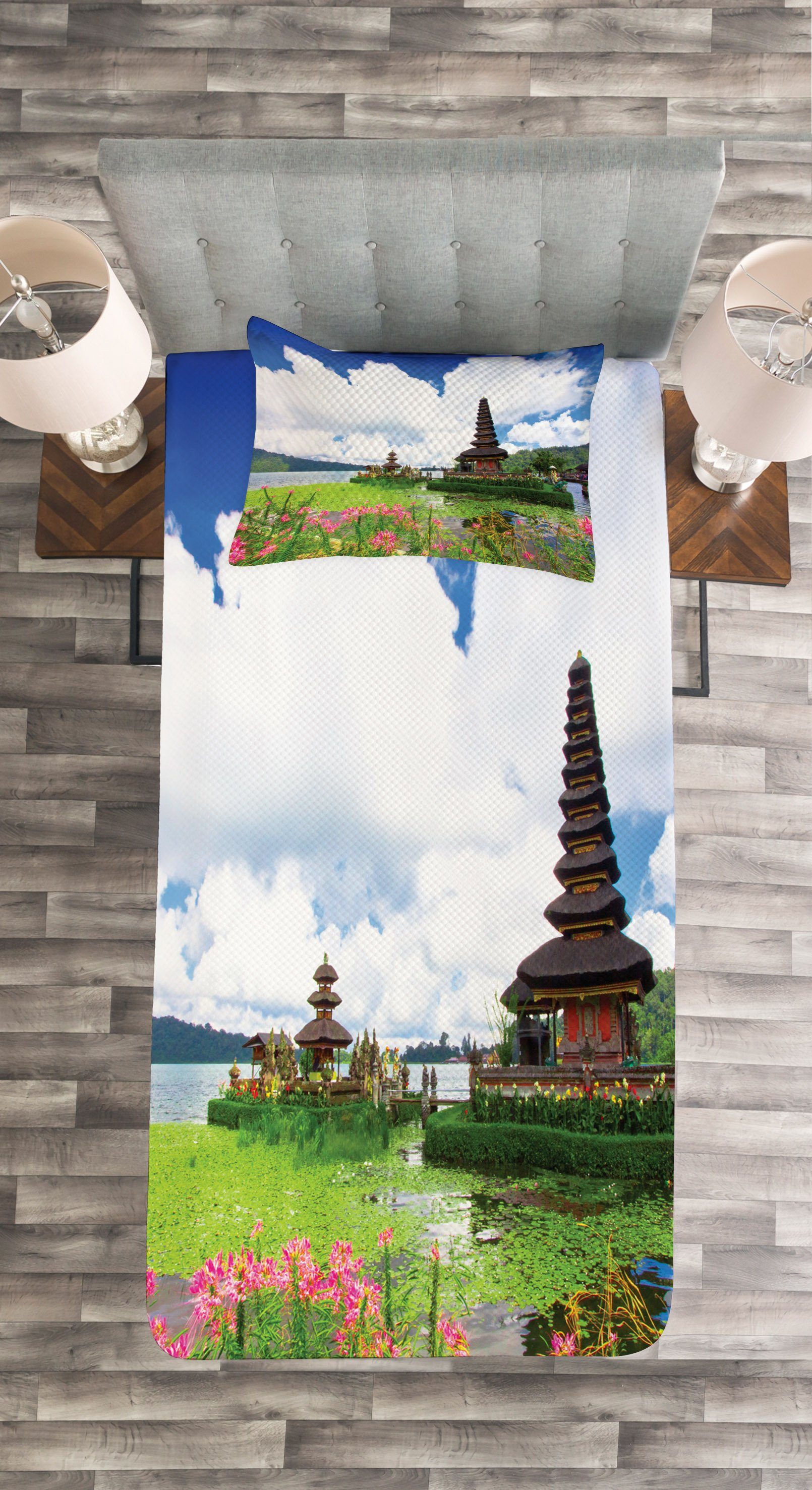 Bali Exotisch Abakuhaus, Blumen mit Tagesdecke Set Waschbar, Sea Tropic Kissenbezügen