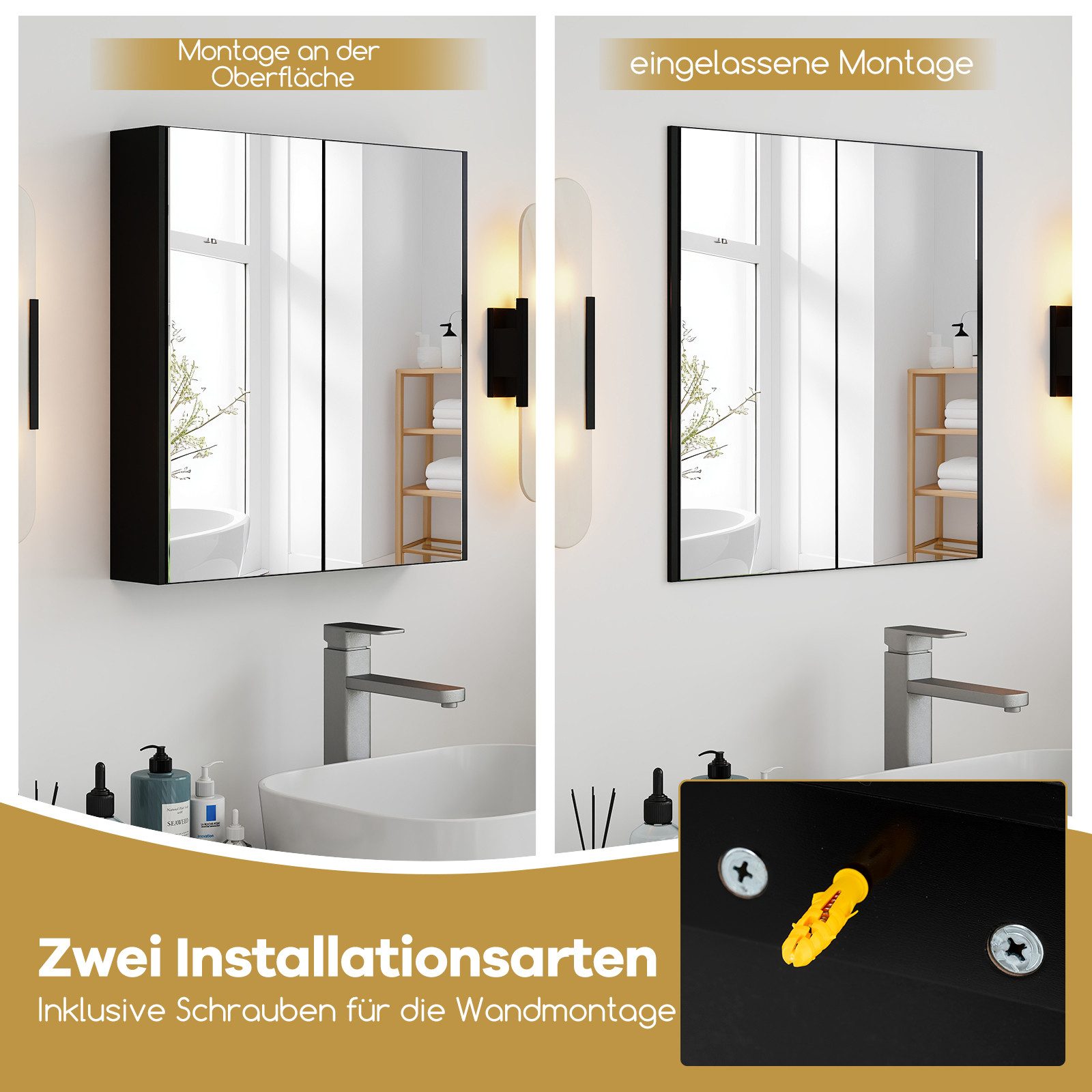 COSTWAY Spiegelschrank Bad Hängeschrank mit Spiegel Holz 62x11,5x65cm