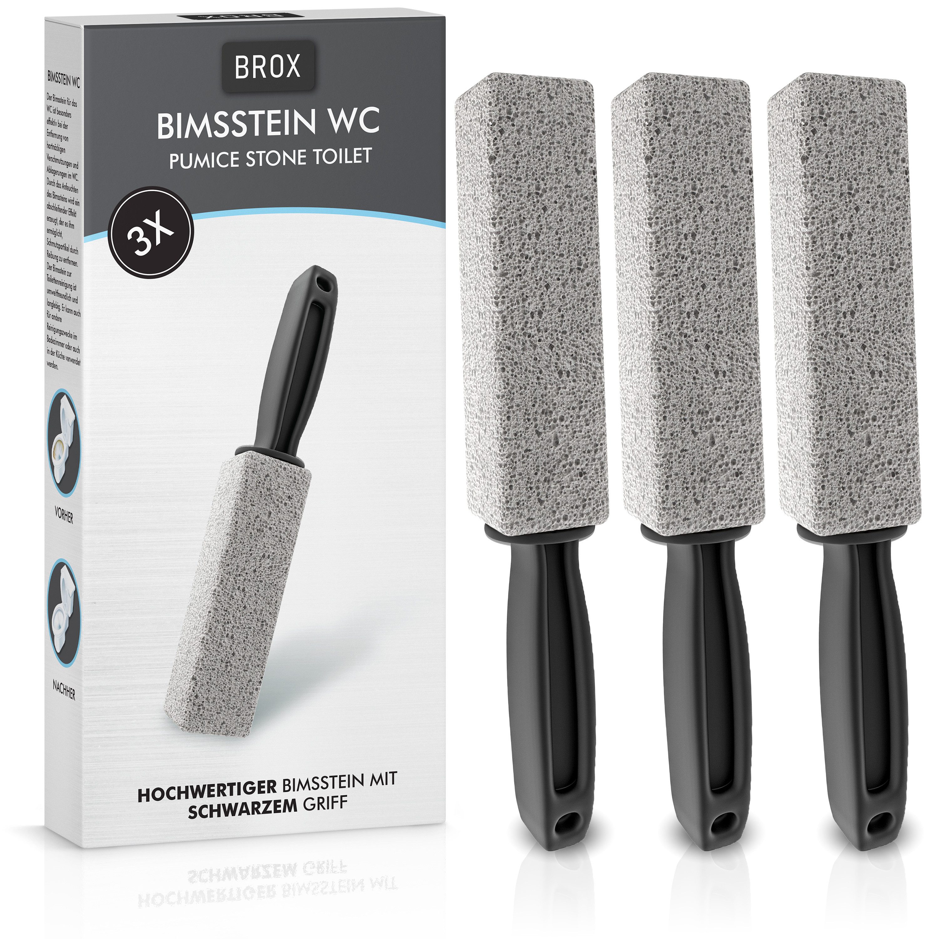 BROX WC-Reinigungsbürste – Bimsstein Toilette & Bimssteine WC, Kalk & Urinsteinentferner, (SPAR-Set, 3-tlg), Nachhaltig & Wiederverwendbar
