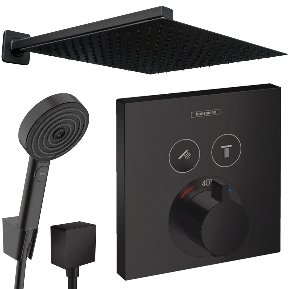 Hansgrohe und Jowi Duscharmatur ShowerSelect + Pulsify Unterputz Duscharmatur, Thermostat, Schwarz (Unterputz-Duschsystem, Unterputz Thermostat Duschsystem) Mattschwarz, Thermostat, Select-Tasten