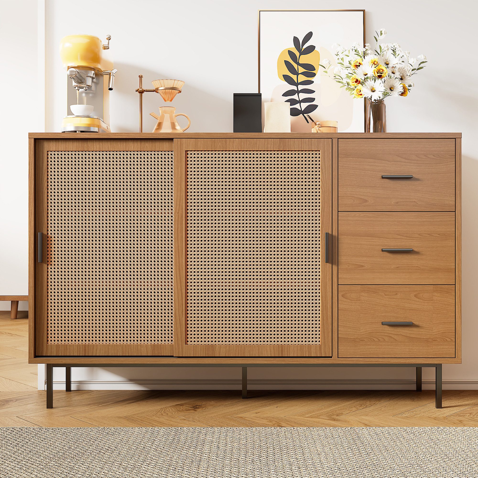Flieks Kommode mit 2 Rattan-Schiebetüren und 3 Schubladen (Maße: B140/H91/T37 cm, 1 St., Schrank für Wohnzimmer, Schlafzimmer, Arbeitszimmer und Esszimmer), Sideboard Holzschrank Mehrzweckschrank mit verstellbaren Einlegeböden