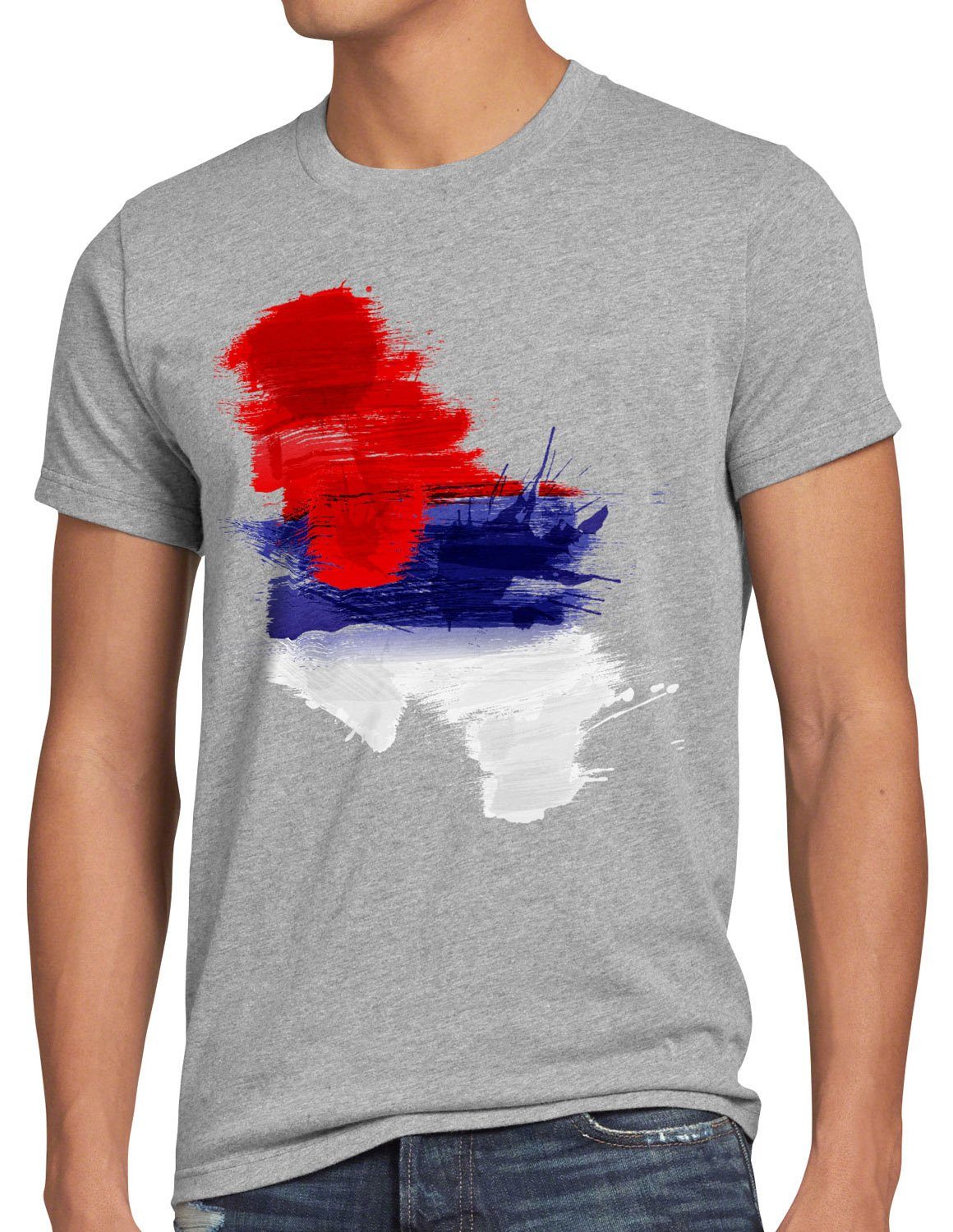 meliert Fahne Serbia grau WM T-Shirt Print-Shirt Herren Sport EM Serbien Flagge style3 Fußball