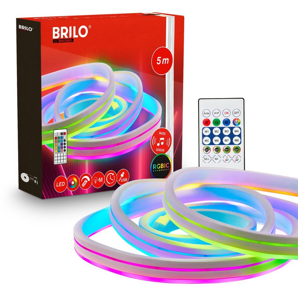 Briloner Leuchten LED-Streifen Neon LED Strip RGB IC Farbwechsel Fernbedienung Musiksensor, 1-flammig, 5 m, Wohnzimmer, Party, Gaming