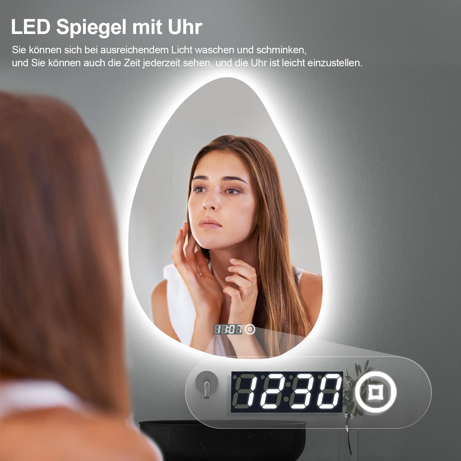 WDWRITTI Badspiegel Led 50x70 80x60 100x60 Touch Uhr dimmbar Spiegel Bad mit beleuchtung (Badezimmerspiegel Wandspiegel, Speicherfunktion, Helligkeit dimmbar, Wandschalter), Warmweiß, Neutralweiß, Kaltweiß, Energiesparend