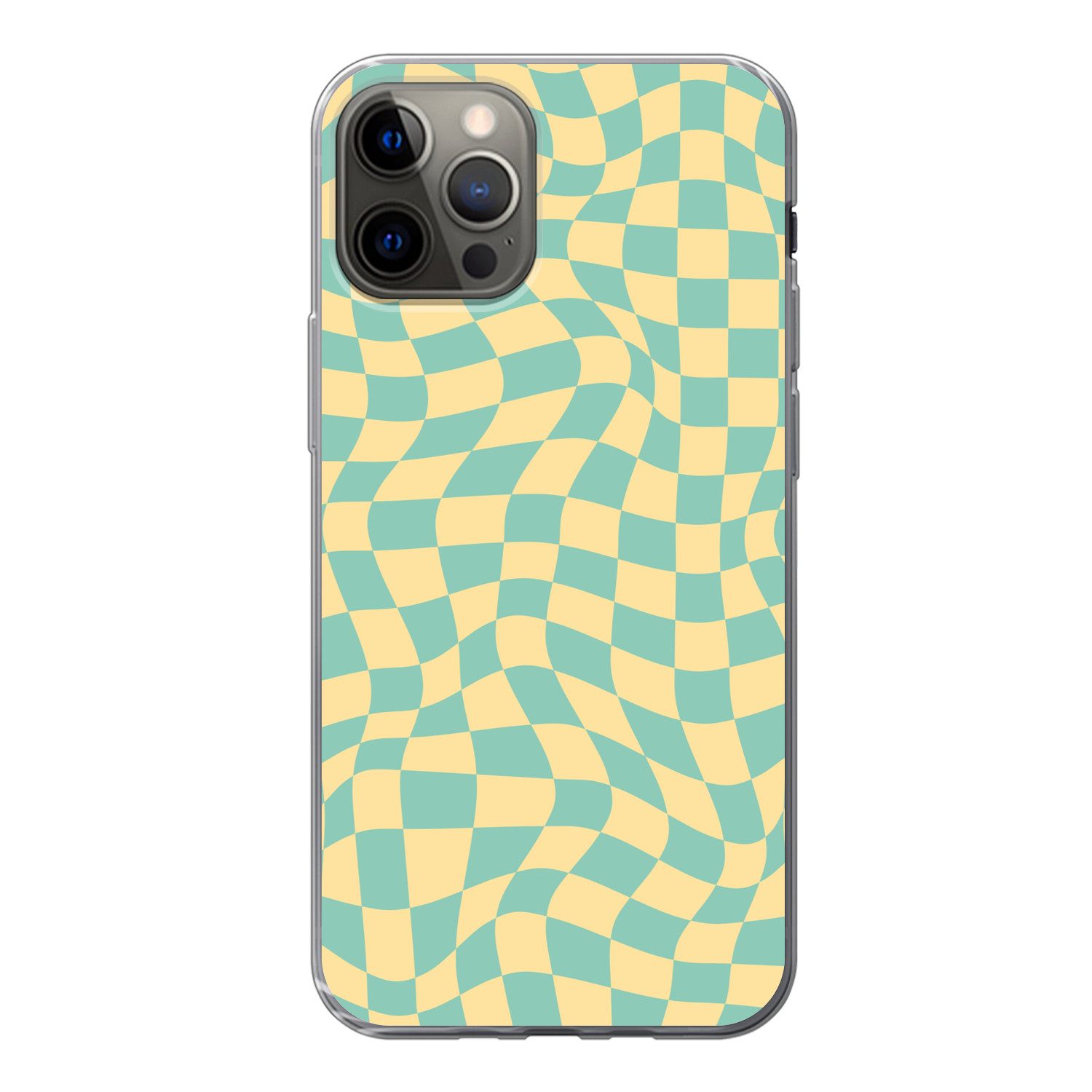 MuchoWow Handyhülle für Apple iPhone 12 Pro Quadratisches Muster - Gelb - Blau - Wellenlin, Smartphone-Bumper, Print, Handy Schutzhülle Dünn