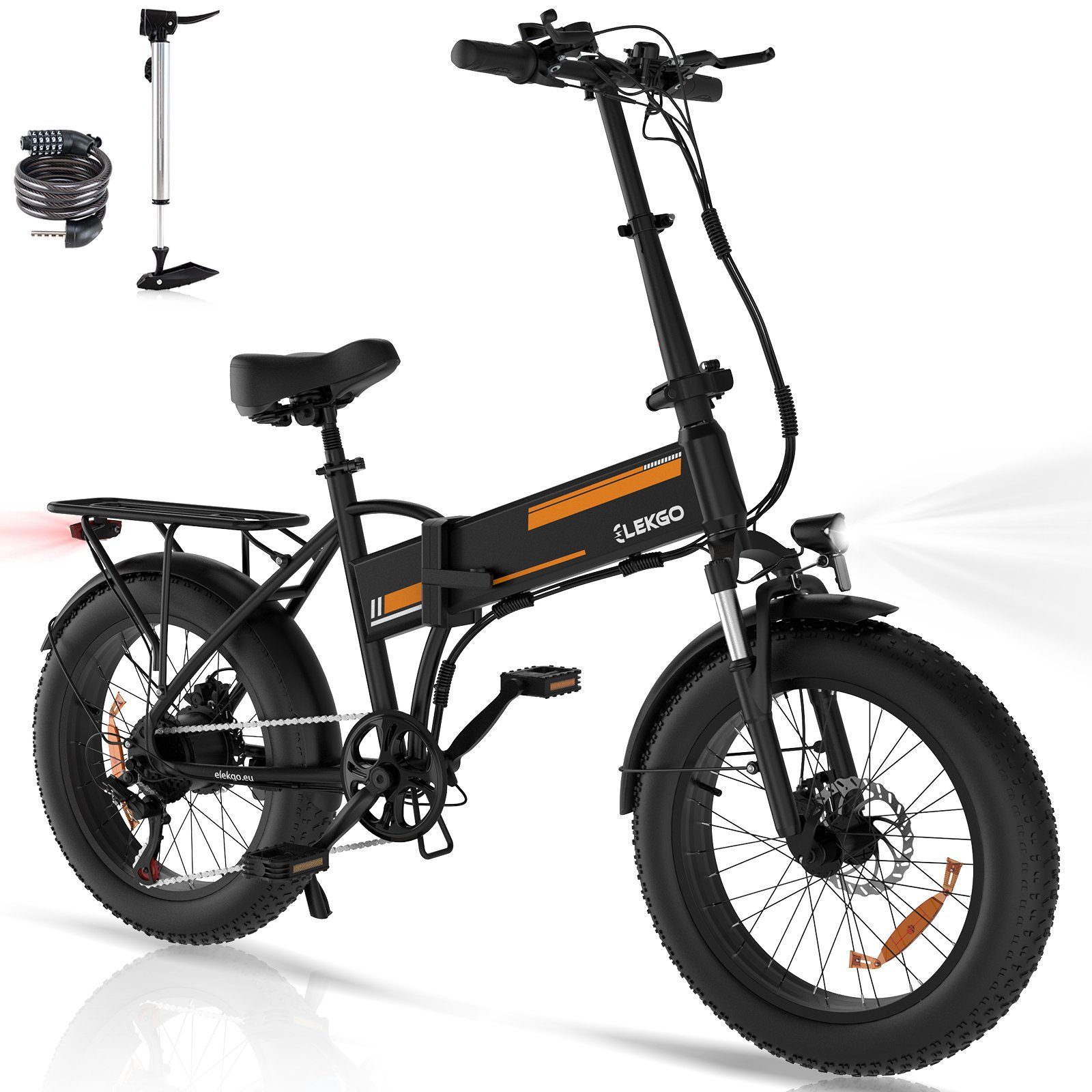 ELEKGO E-Bike 20*4,0 zoll Elektrofahrrad mit36V12Ah Batterie Snowbike für Erwachsene, 7 Gang shimano, 250W Motor Schwarz