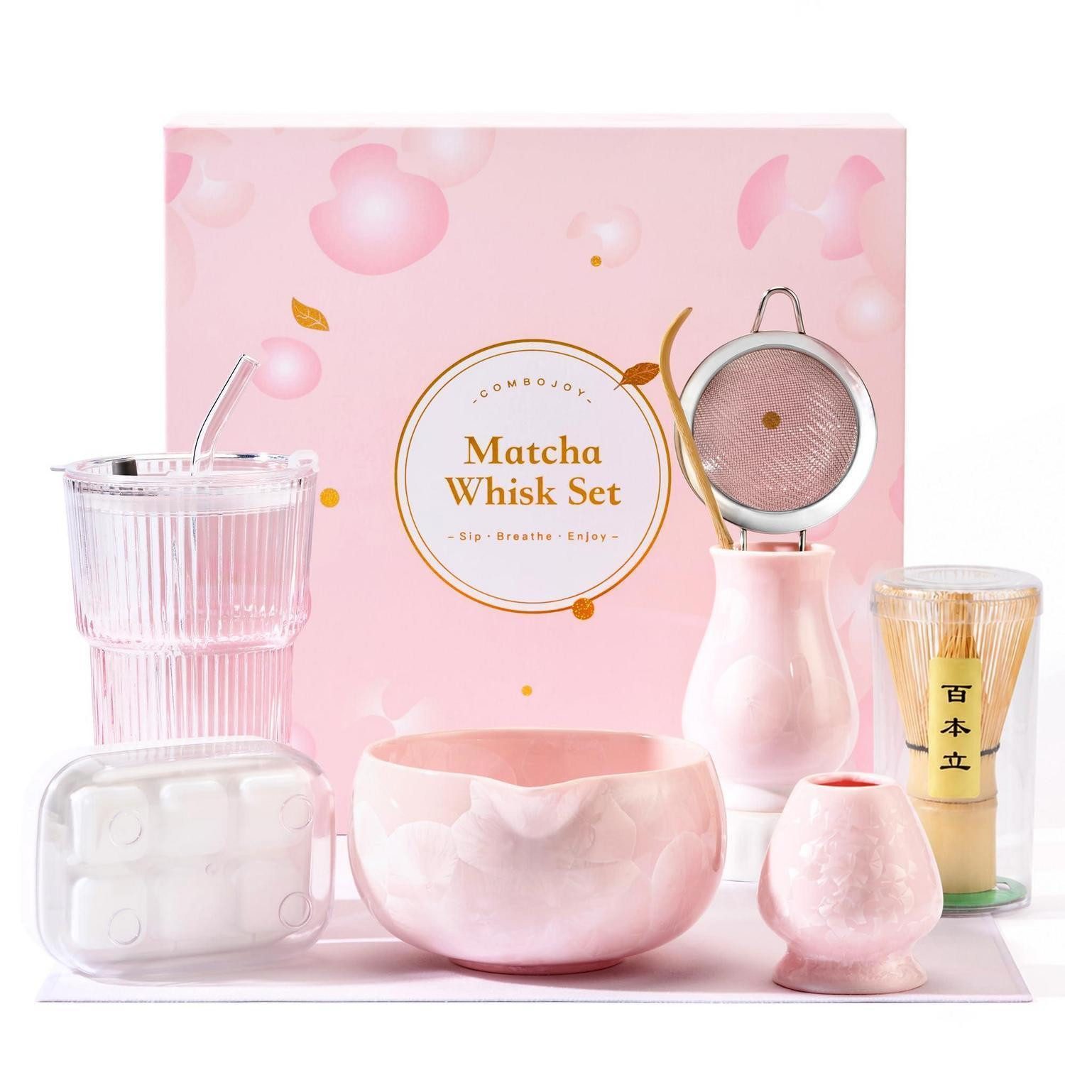 LuxusKollektion Teeservice Matcha Set 9tlg Rosa Crystal Flower Schale Bambus Besen Halter